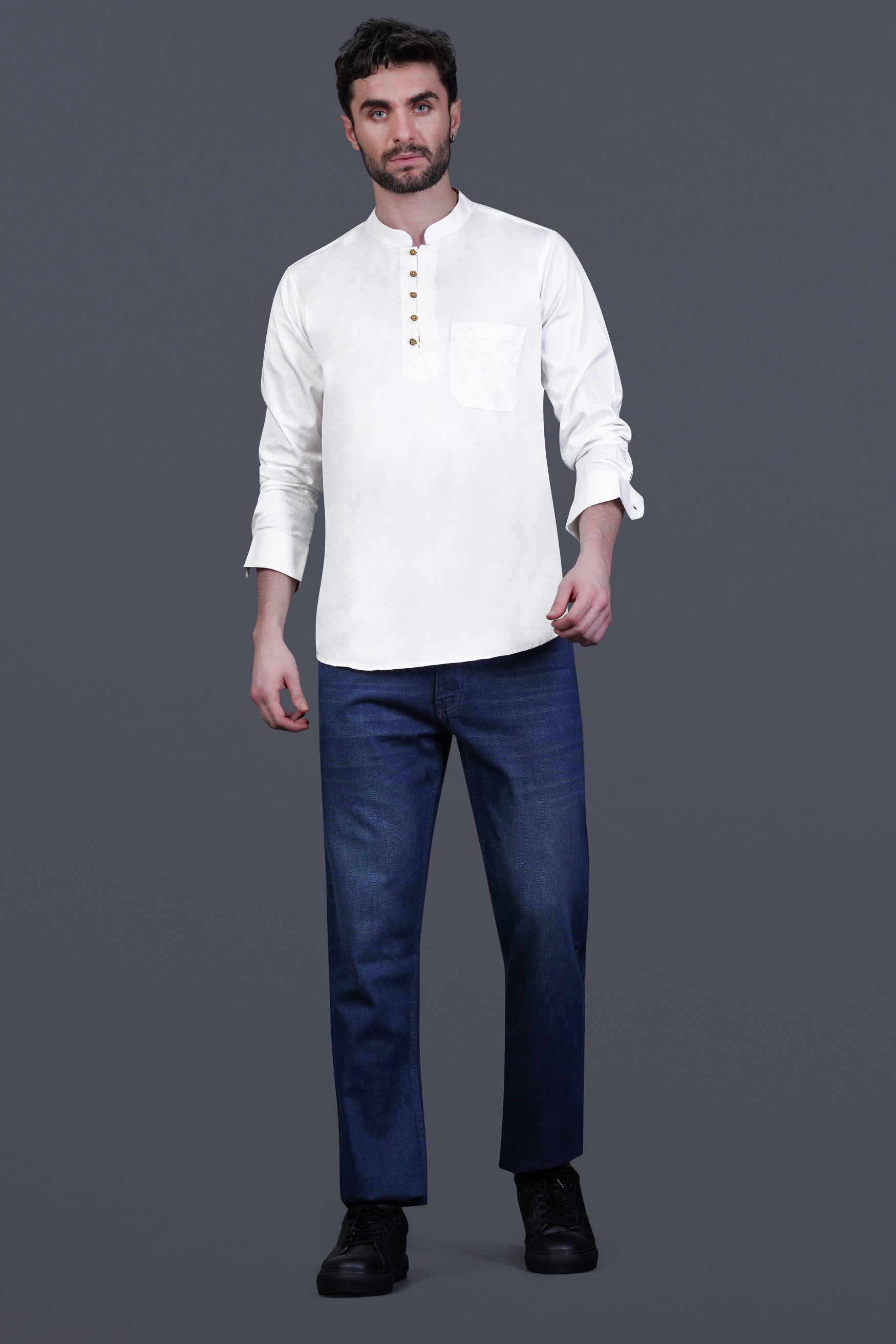 Bright White Maha Mrityunjaya Mantra Embroidered Subtle Sheen Super Soft Premium Cotton Designer Kurta Shirt