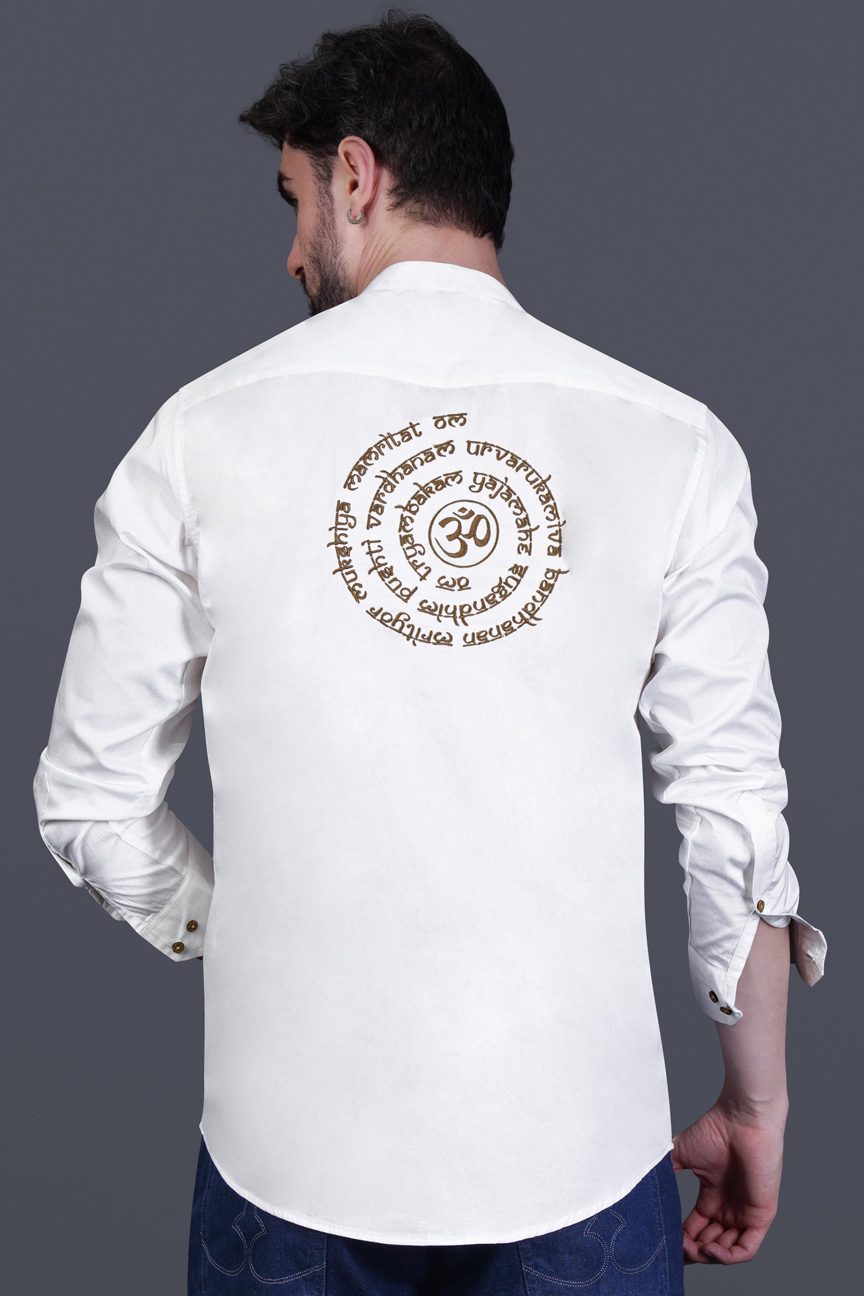 Bright White Maha Mrityunjaya Mantra Embroidered Subtle Sheen Super Soft Premium Cotton Designer Kurta Shirt