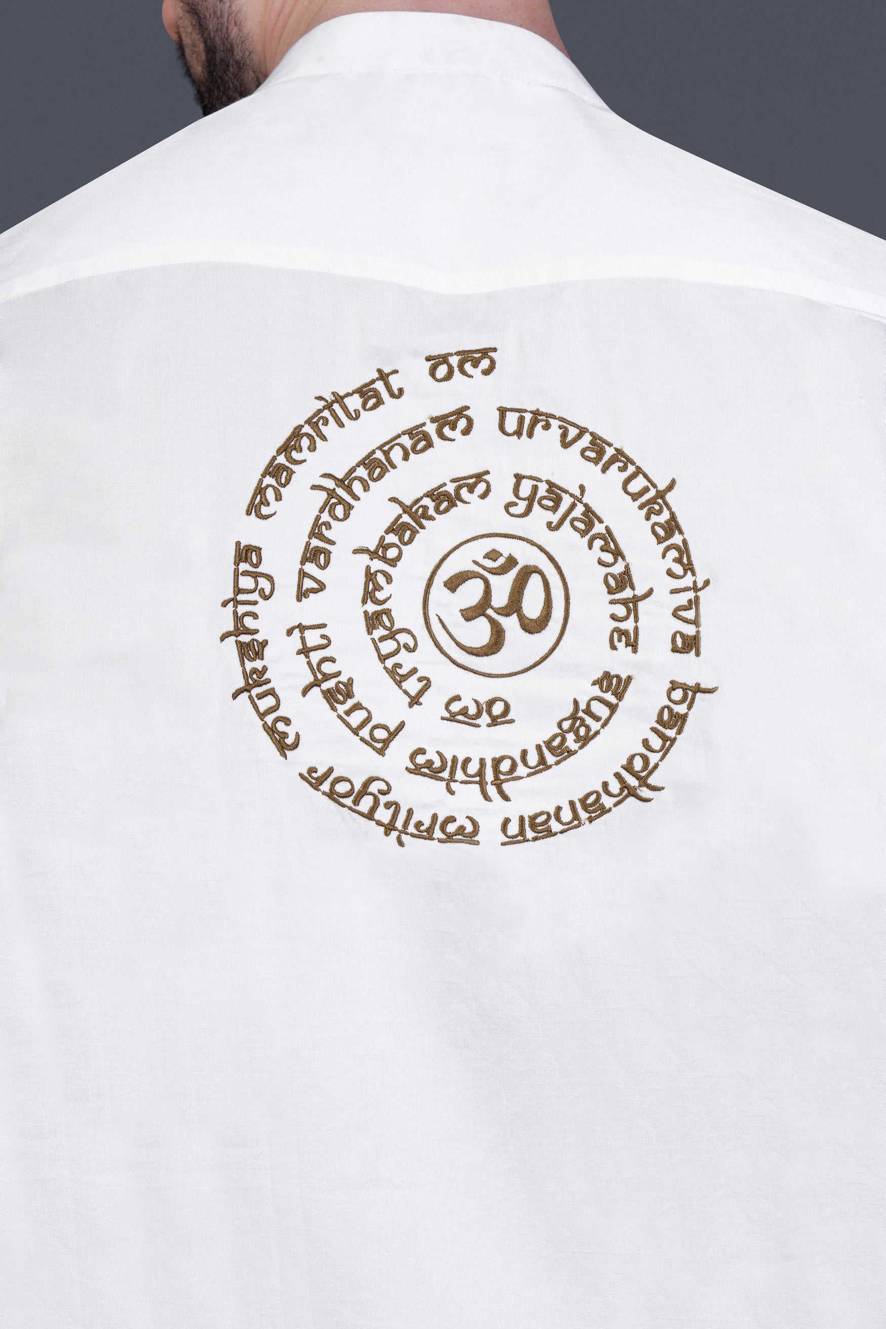 Bright White Maha Mrityunjaya Mantra Embroidered Subtle Sheen Super Soft Premium Cotton Designer Kurta Shirt