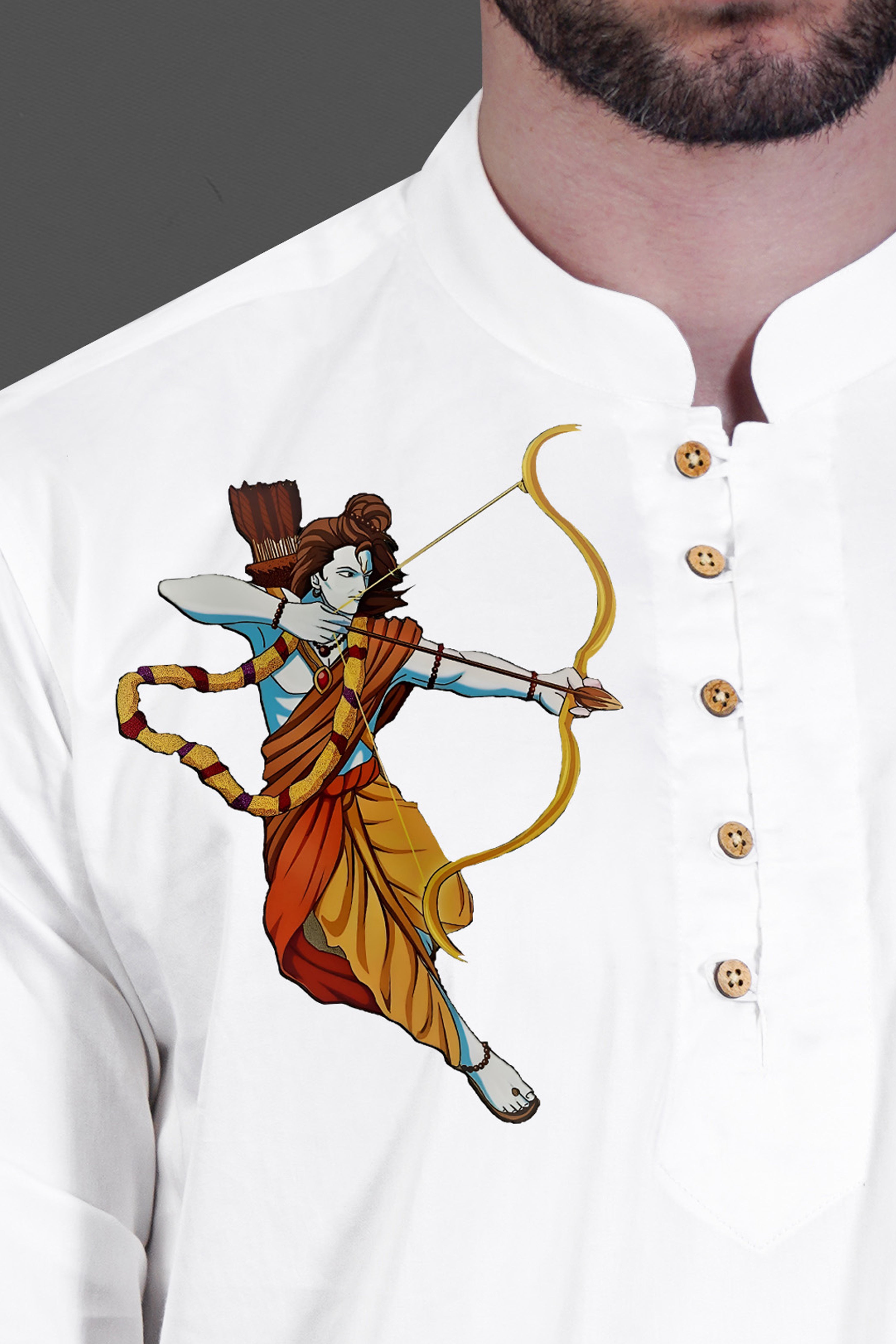 Bright White Lord Ram Printed Subtle Sheen Super Soft Premium Cotton Designer Kurta Shirt