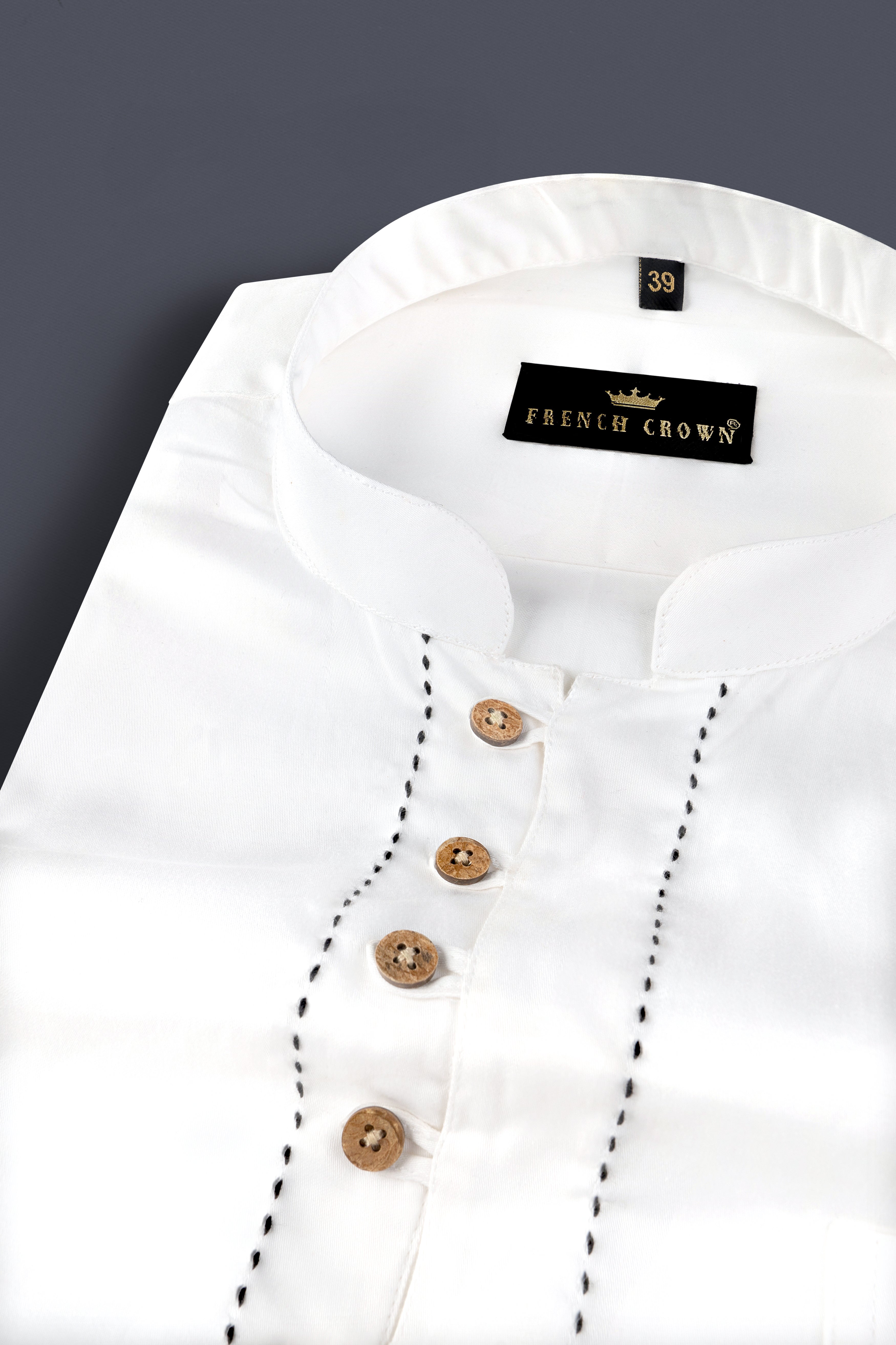 Bright White Subtle Sheen Rice Stitching Patterned Indian Kurta Style Super Soft Giza Cotton SHIRT