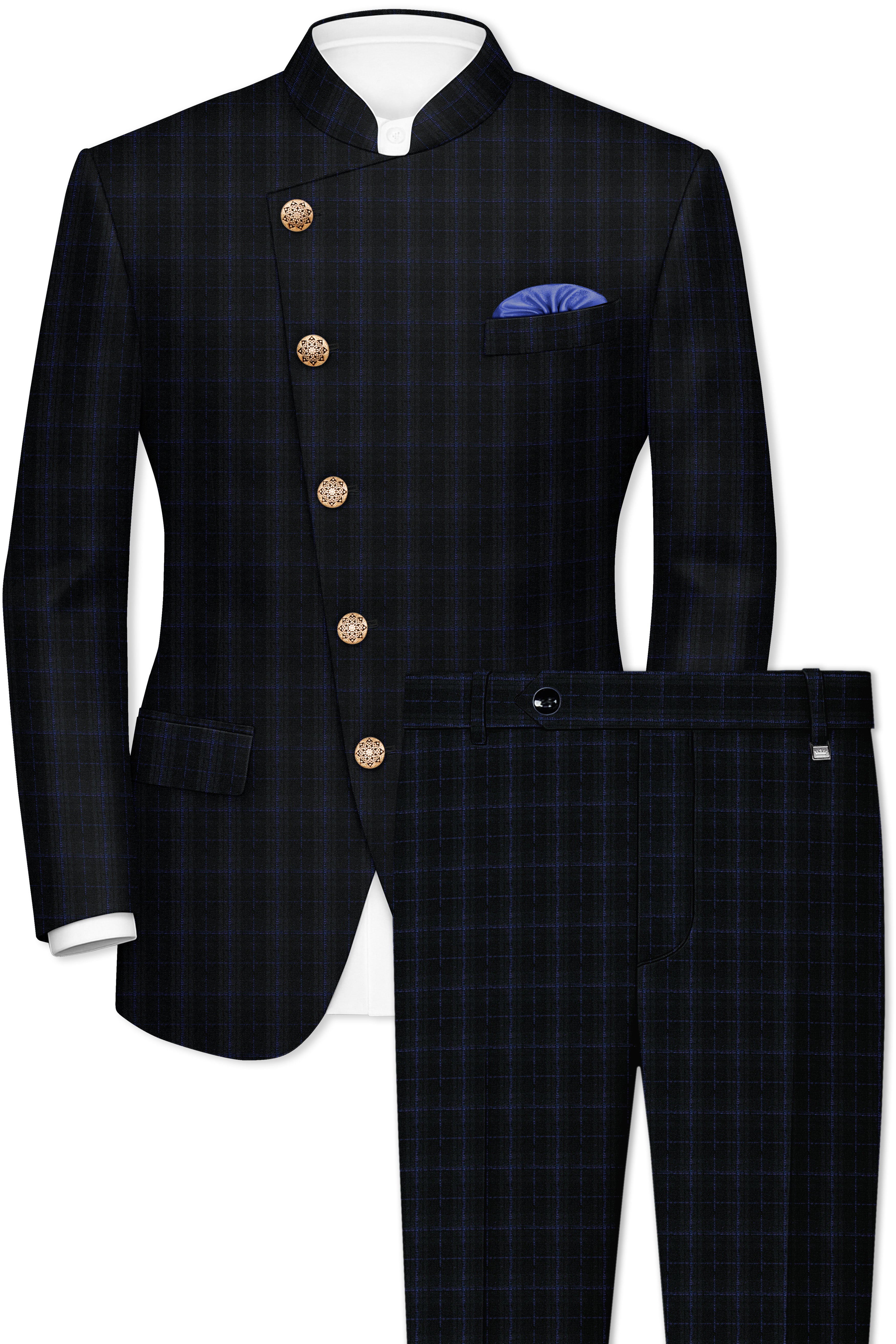 Mine Shaft Black Plaid Cross Placket Bandhgala Wool Rich Suit