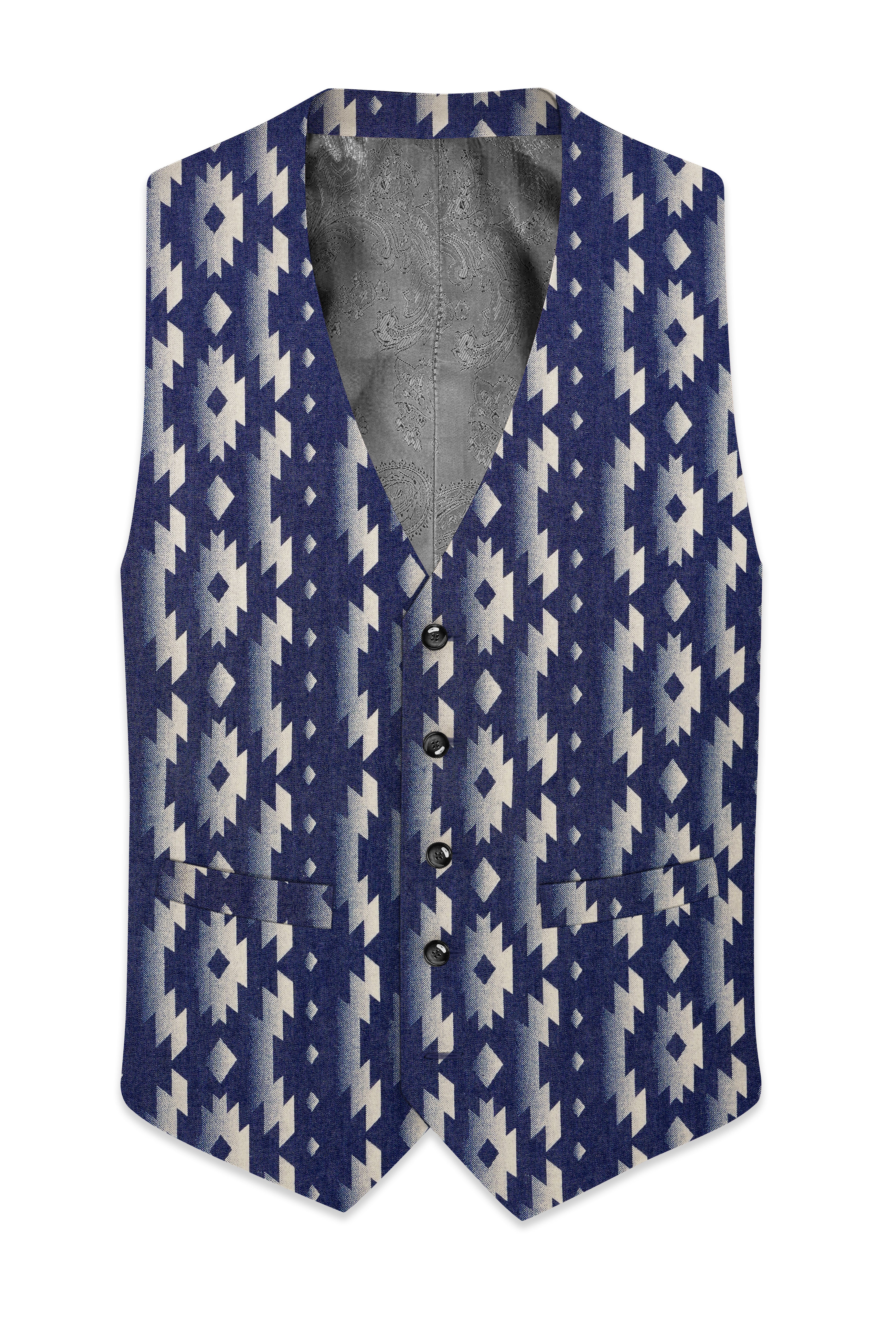 Gunmetal Blue with Nobel Cream Iktat Printed Denim Waistcoat