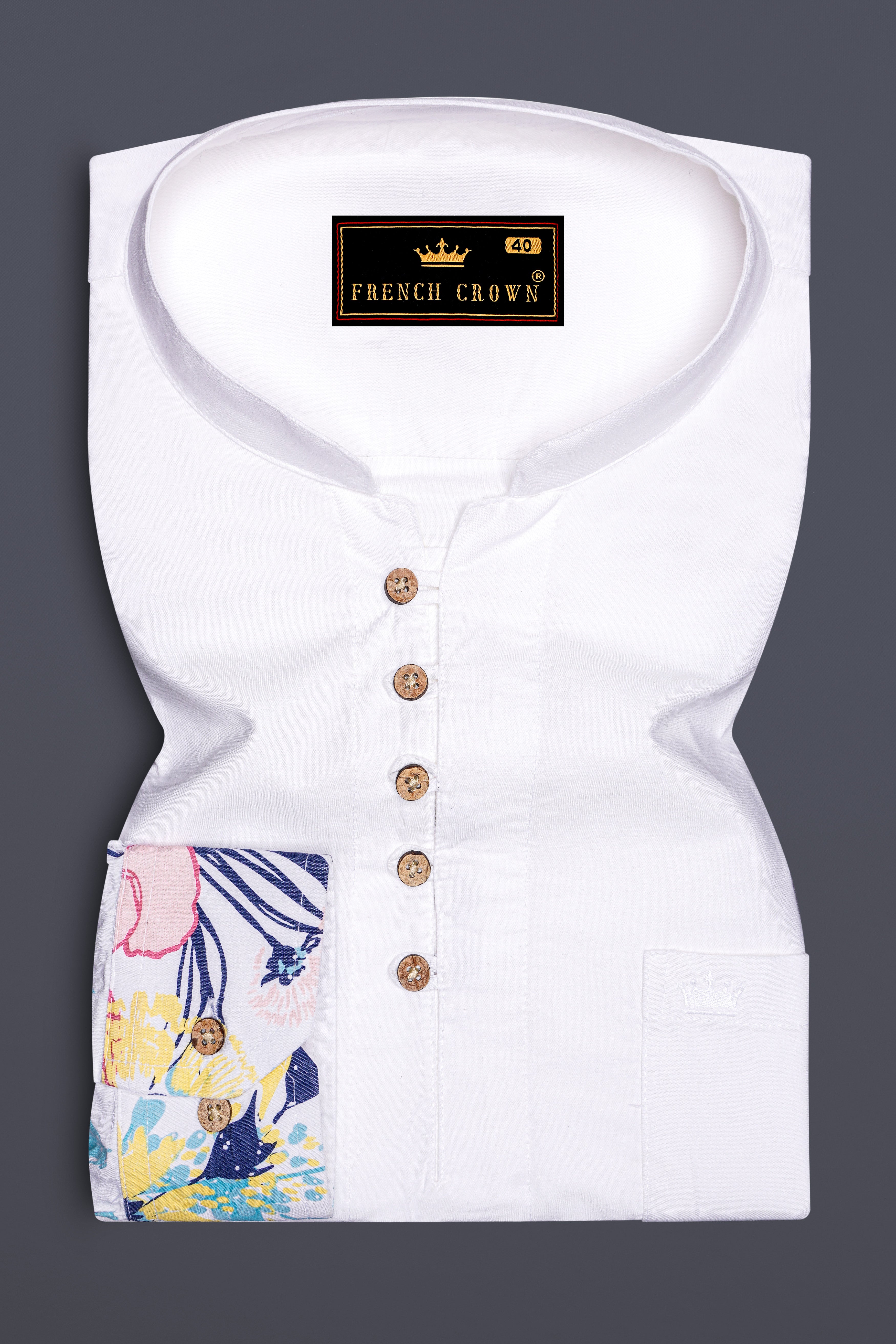 Bright White Flowers Printed Kurta Style Premium Cotton Shirt