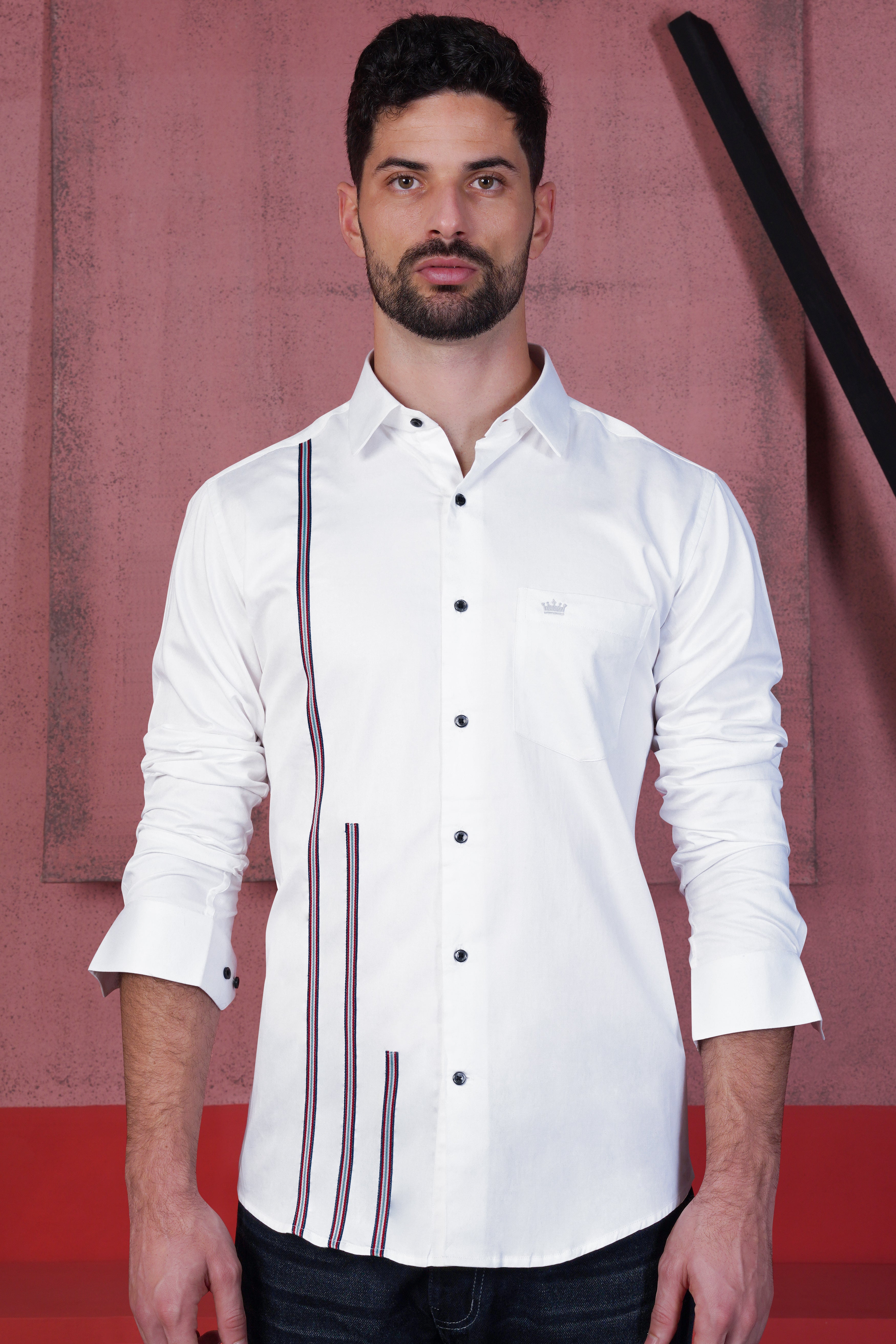 Bright White Subtle Sheen with Salomie and Black Triple Stripes Premium Cotton Shirt