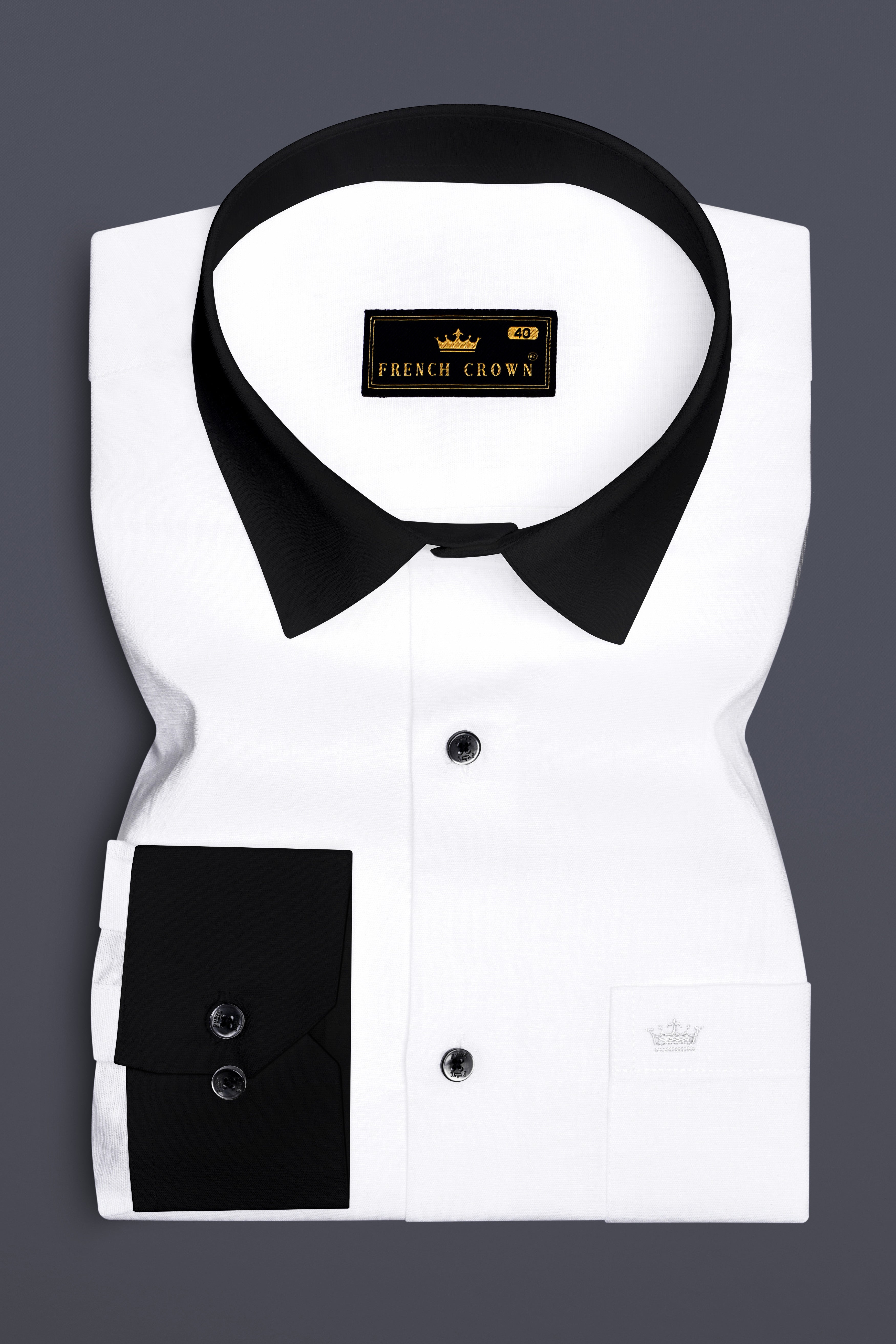 Bright White with Black Collar Luxurious Linen Shirt