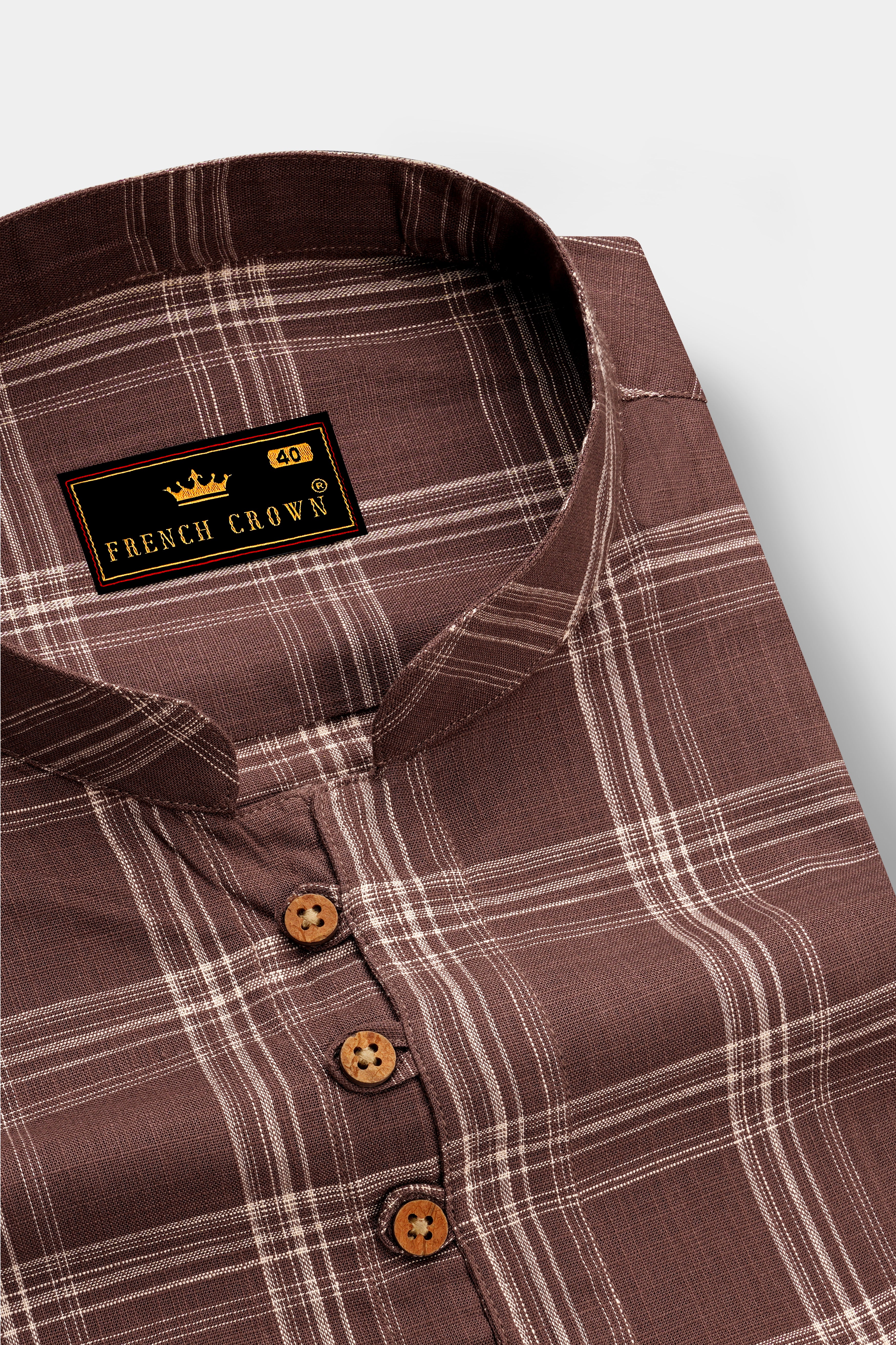 Dark Chestnut Brown Plaid Luxurious Linen Kurta Shirt