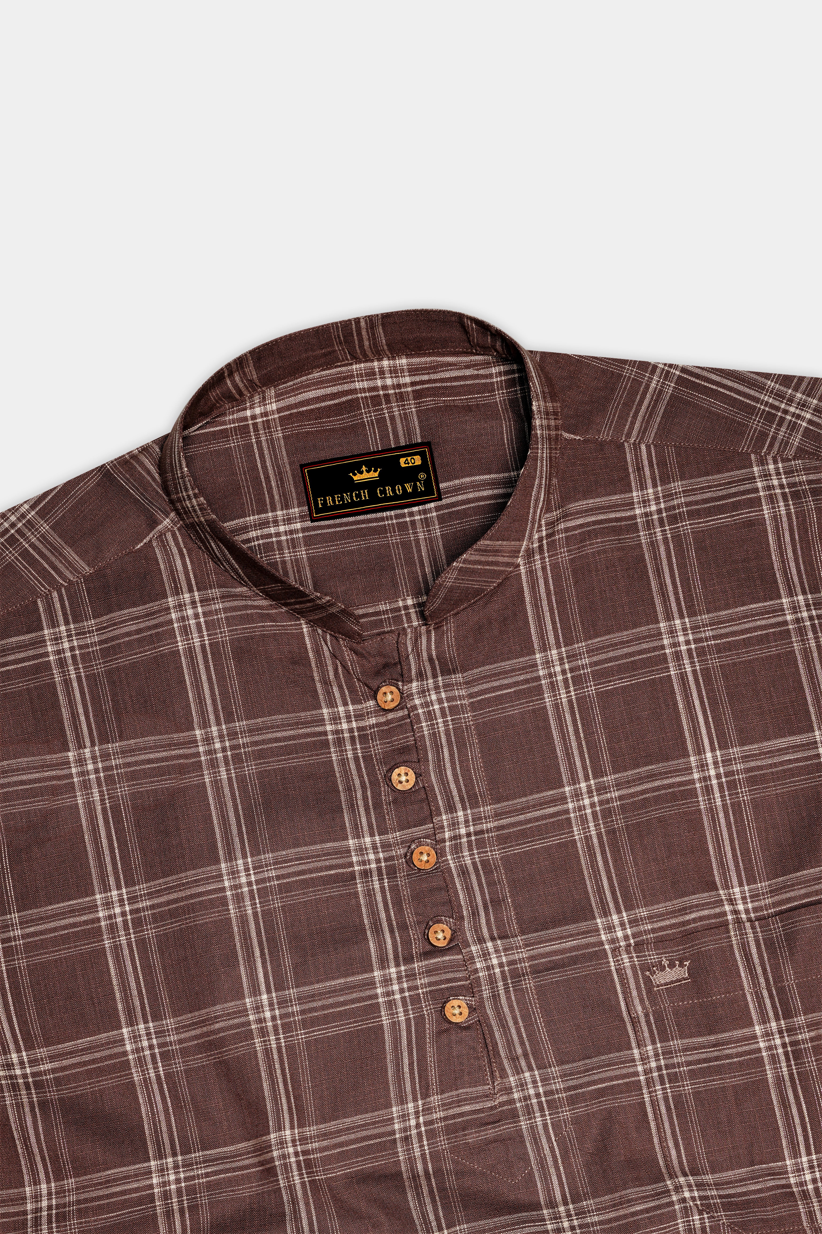 Dark Chestnut Brown Plaid Luxurious Linen Kurta Shirt