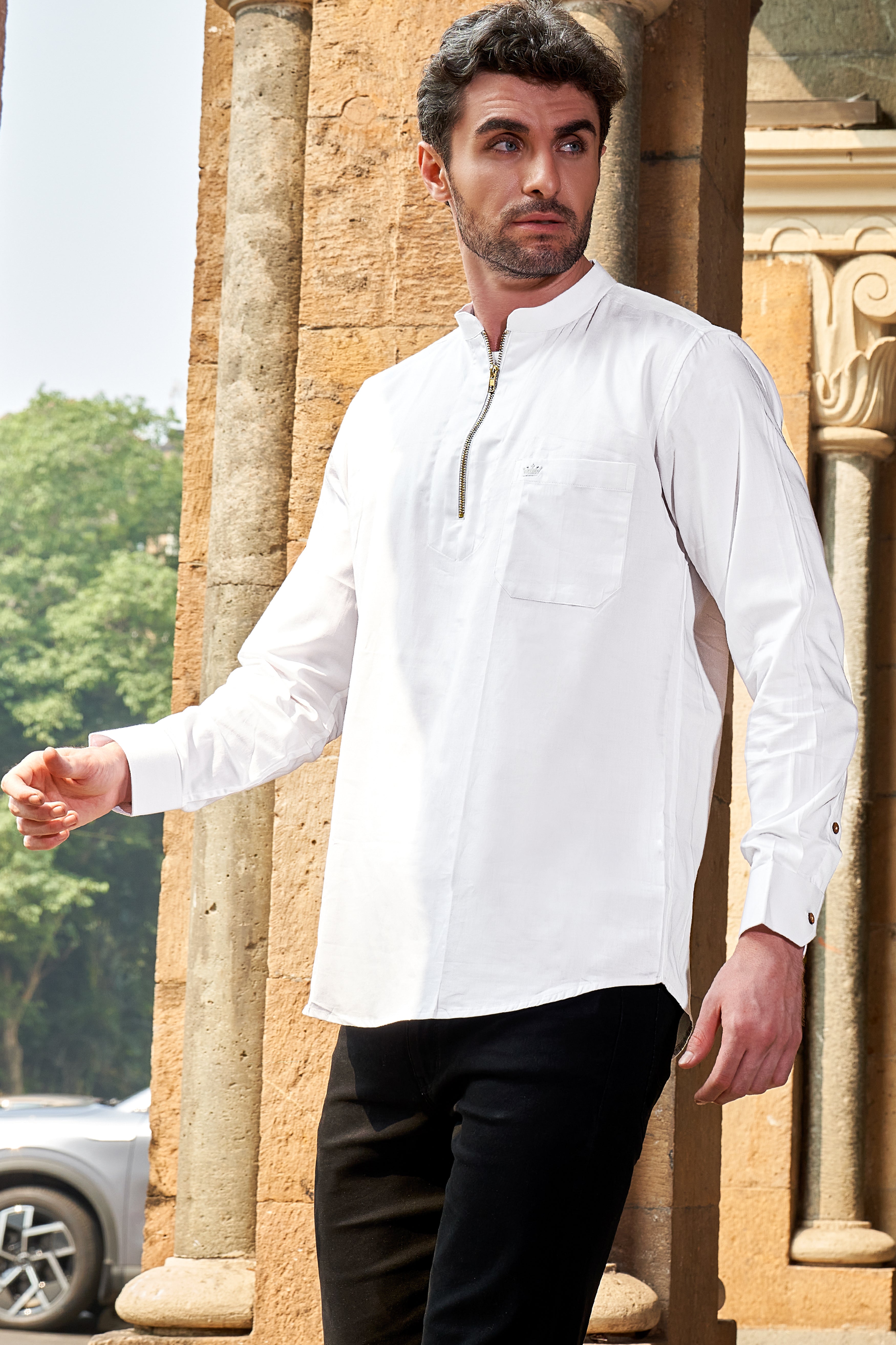 Bright White Subtle Sheen Zipper Closure Premium Cotton Shirt