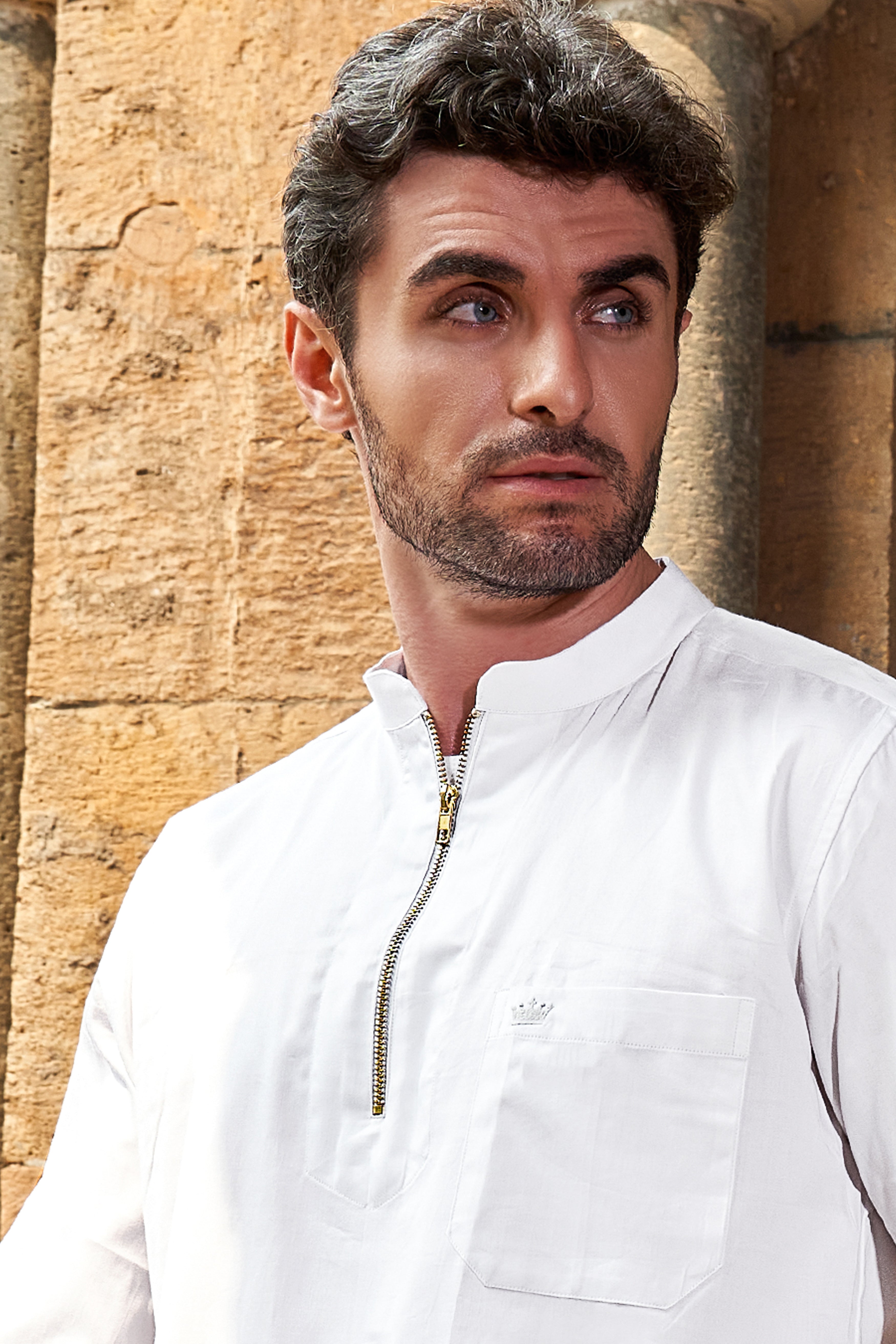 Bright White Subtle Sheen Zipper Closure Premium Cotton Shirt