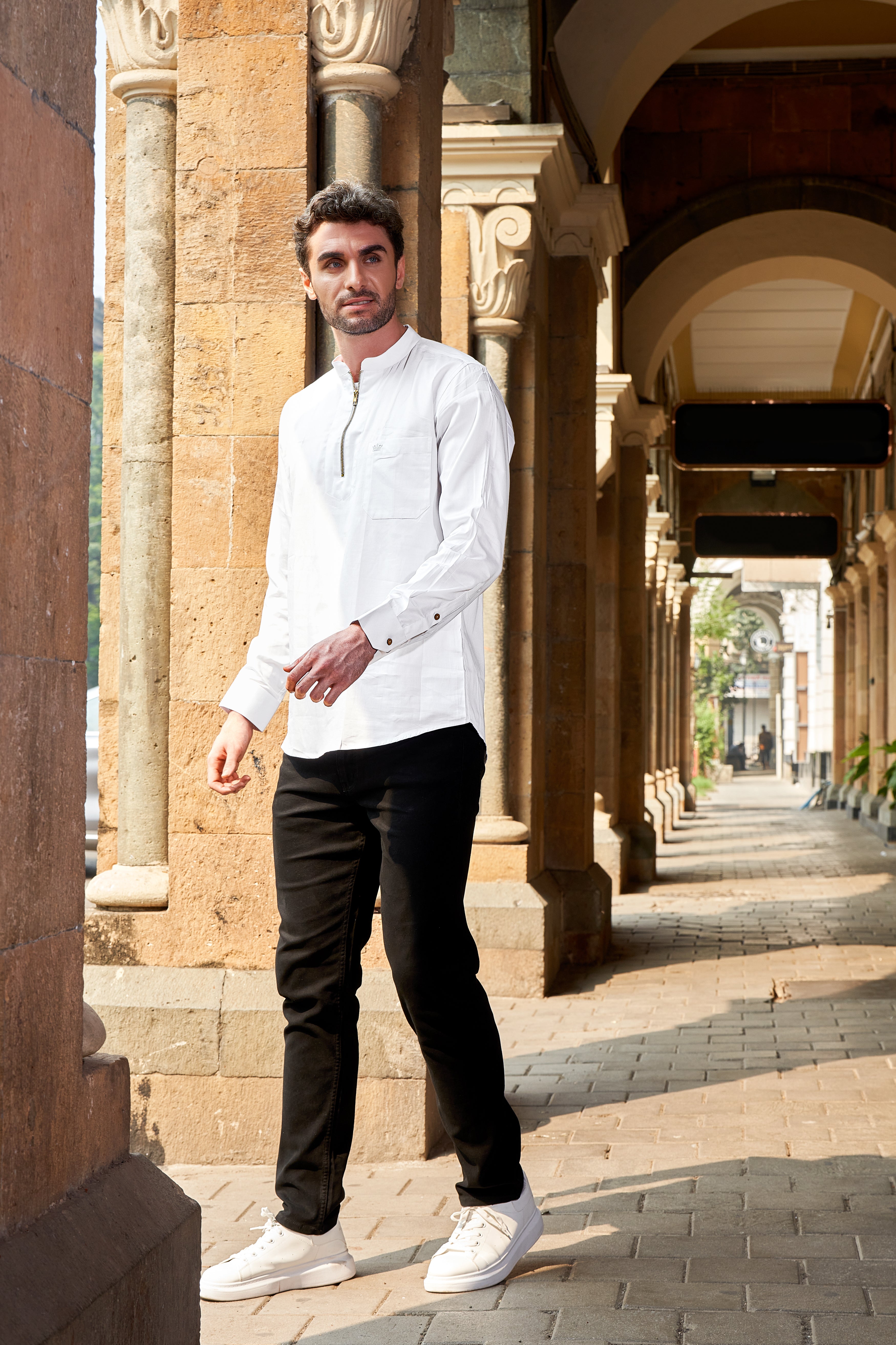 Bright White Subtle Sheen Zipper Closure Premium Cotton Shirt
