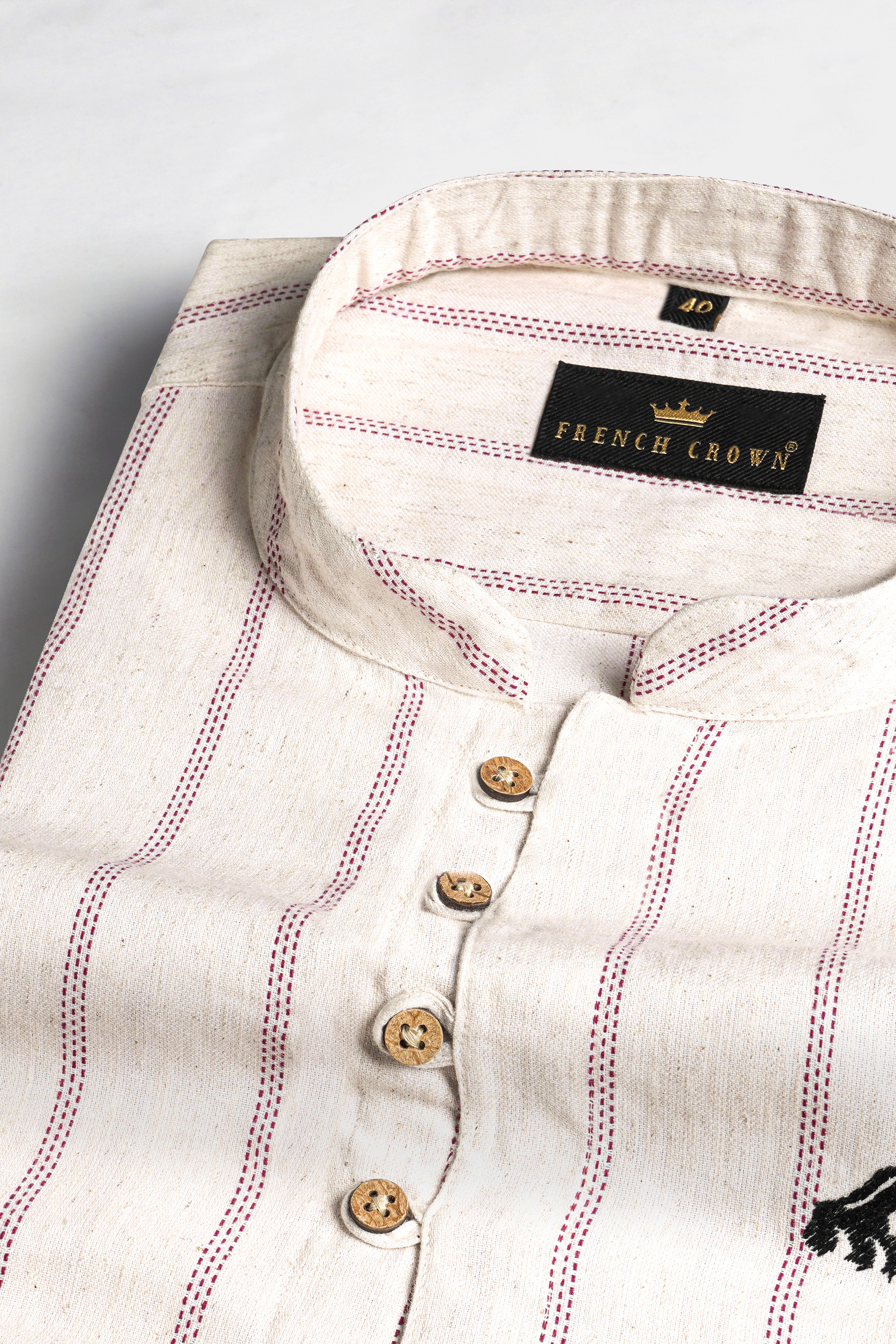 Parchment Beige with Cerise Red Striped Funky Embroidered Luxurious Linen Kurta Shirt 5268-KS-E185-38, 5268-KS-E185-H-38, 5268-KS-E185-39, 5268-KS-E185-H-39, 5268-KS-E185-40, 5268-KS-E185-H-40, 5268-KS-E185-42, 5268-KS-E185-H-42, 5268-KS-E185-44, 5268-KS-E185-H-44, 5268-KS-E185-46, 5268-KS-E185-H-46, 5268-KS-E185-48, 5268-KS-E185-H-48, 5268-KS-E185-50, 5268-KS-E185-H-50, 5268-KS-E185-52, 5268-KS-E185-H-52