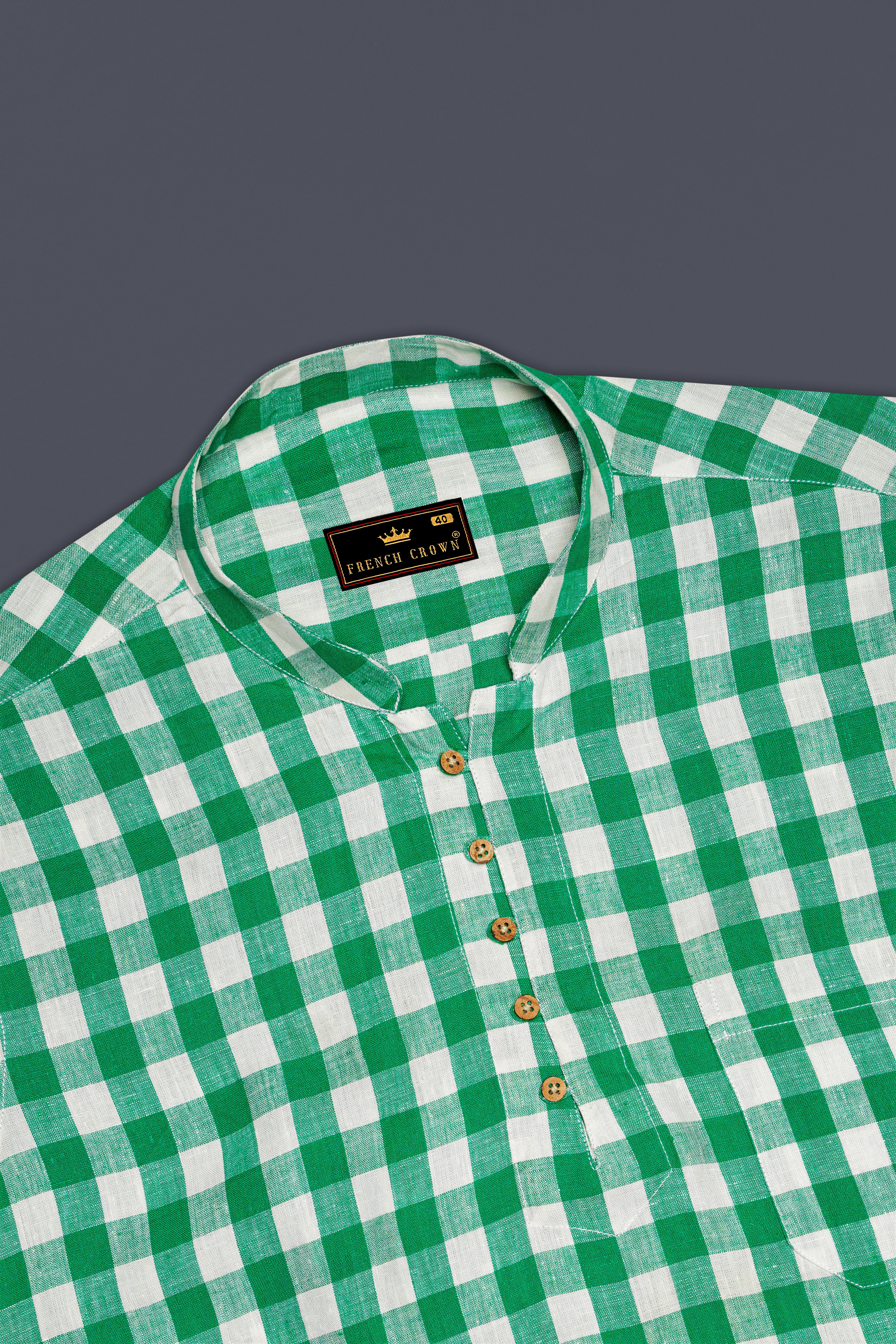 Observatory Green and White Checkered Luxurious Linen Kurta Shirt