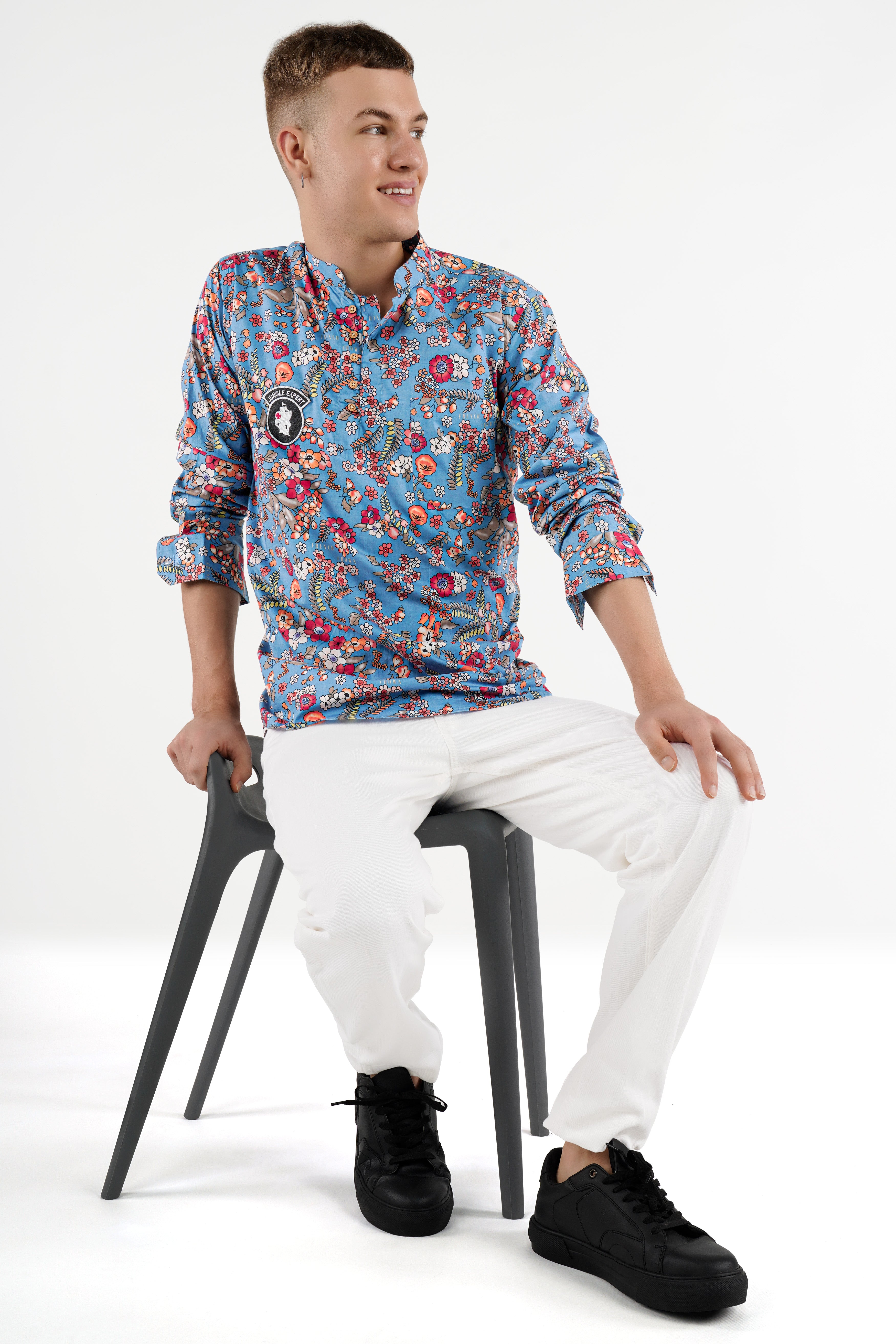 Shakespeare Blue Leaves Printed Patchwork Premium Cotton Designer Kurta Shirt