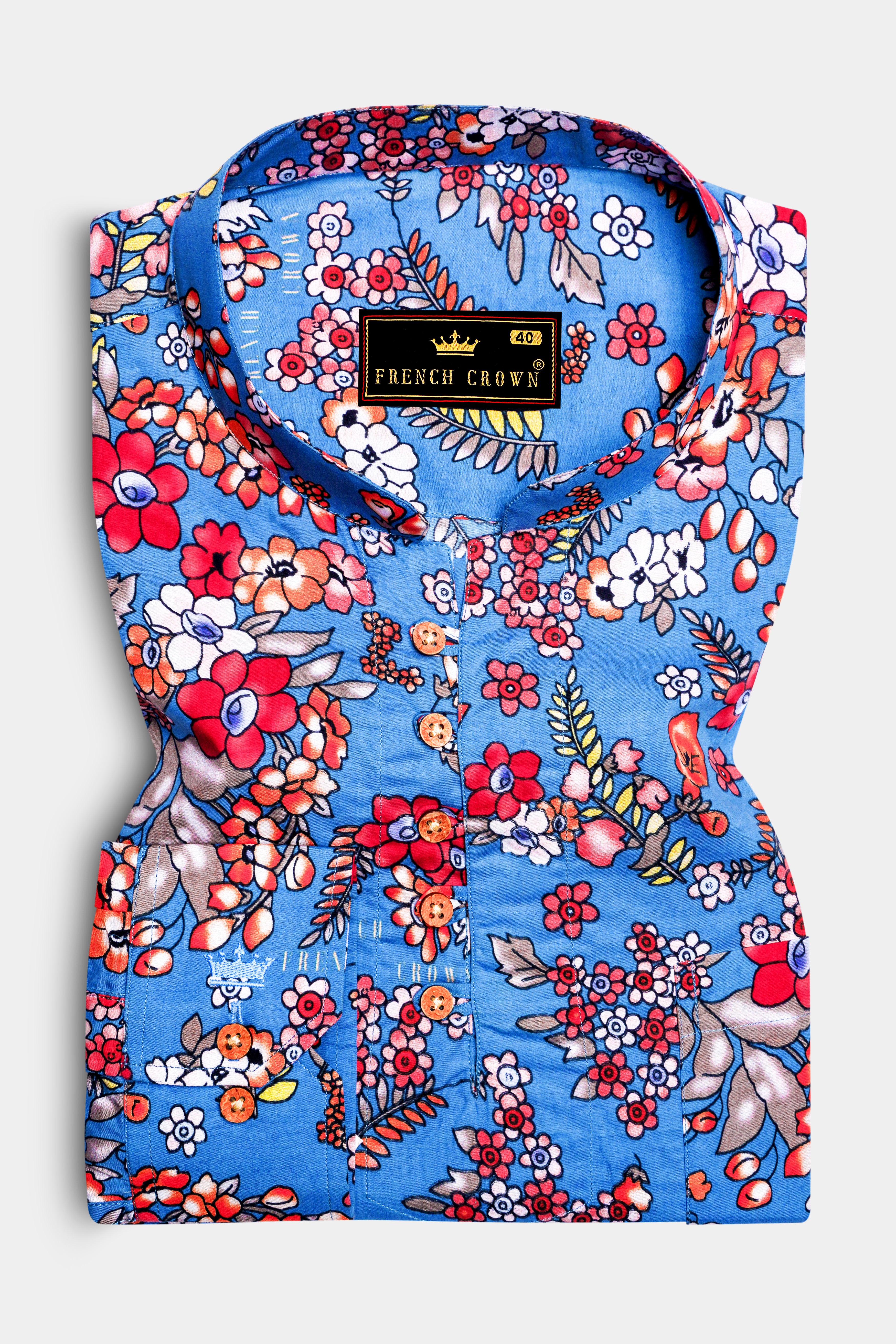 Shakespeare Blue Floral Printed Premium Cotton Kurta Shirt
