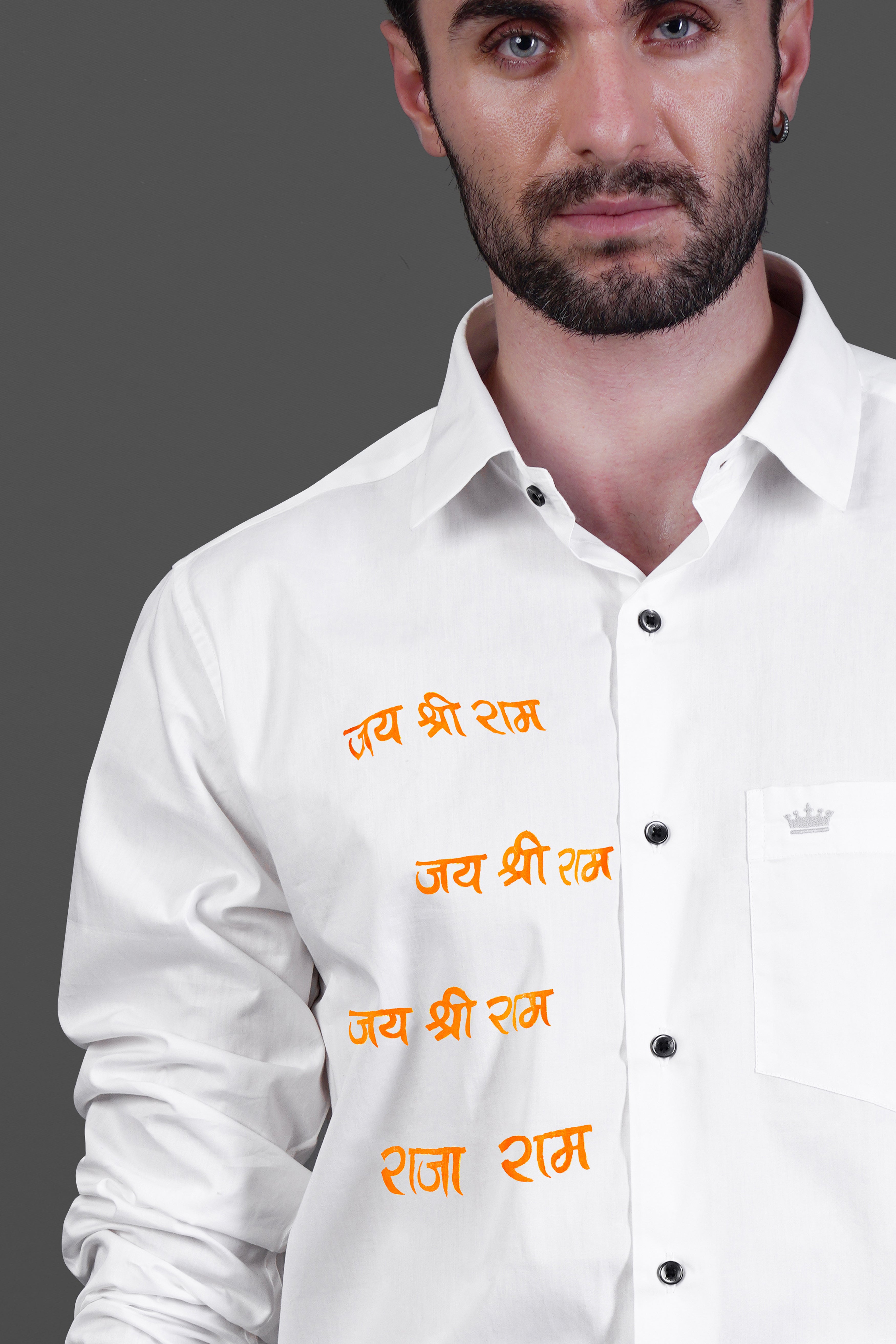 Bright White Jai Shree Ram Hand Painted Premium Cotton Designer Shirt 5632-BLK-ART02-38, 5632-BLK-ART02-H-38, 5632-BLK-ART02-39, 5632-BLK-ART02-H-39, 5632-BLK-ART02-40, 5632-BLK-ART02-H-40, 5632-BLK-ART02-42, 5632-BLK-ART02-H-42, 5632-BLK-ART02-44, 5632-BLK-ART02-H-44, 5632-BLK-ART02-46, 5632-BLK-ART02-H-46, 5632-BLK-ART02-48, 5632-BLK-ART02-H-48, 5632-BLK-ART02-50, 5632-BLK-ART02-H-50, 5632-BLK-ART02-52, 5632-BLK-ART02-H-52