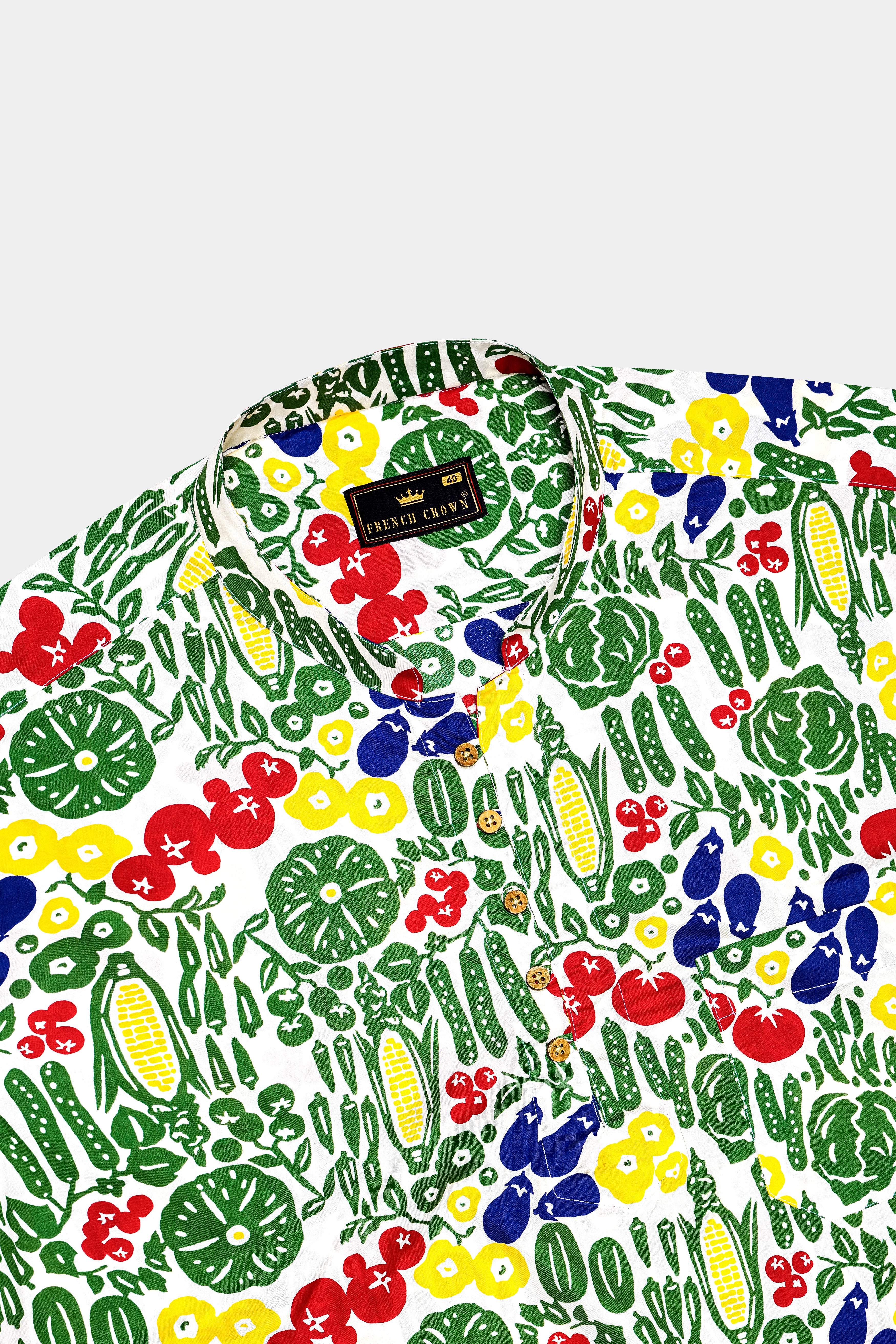 Bright White Vegetables Printed Premium Cotton Kurta Shirt