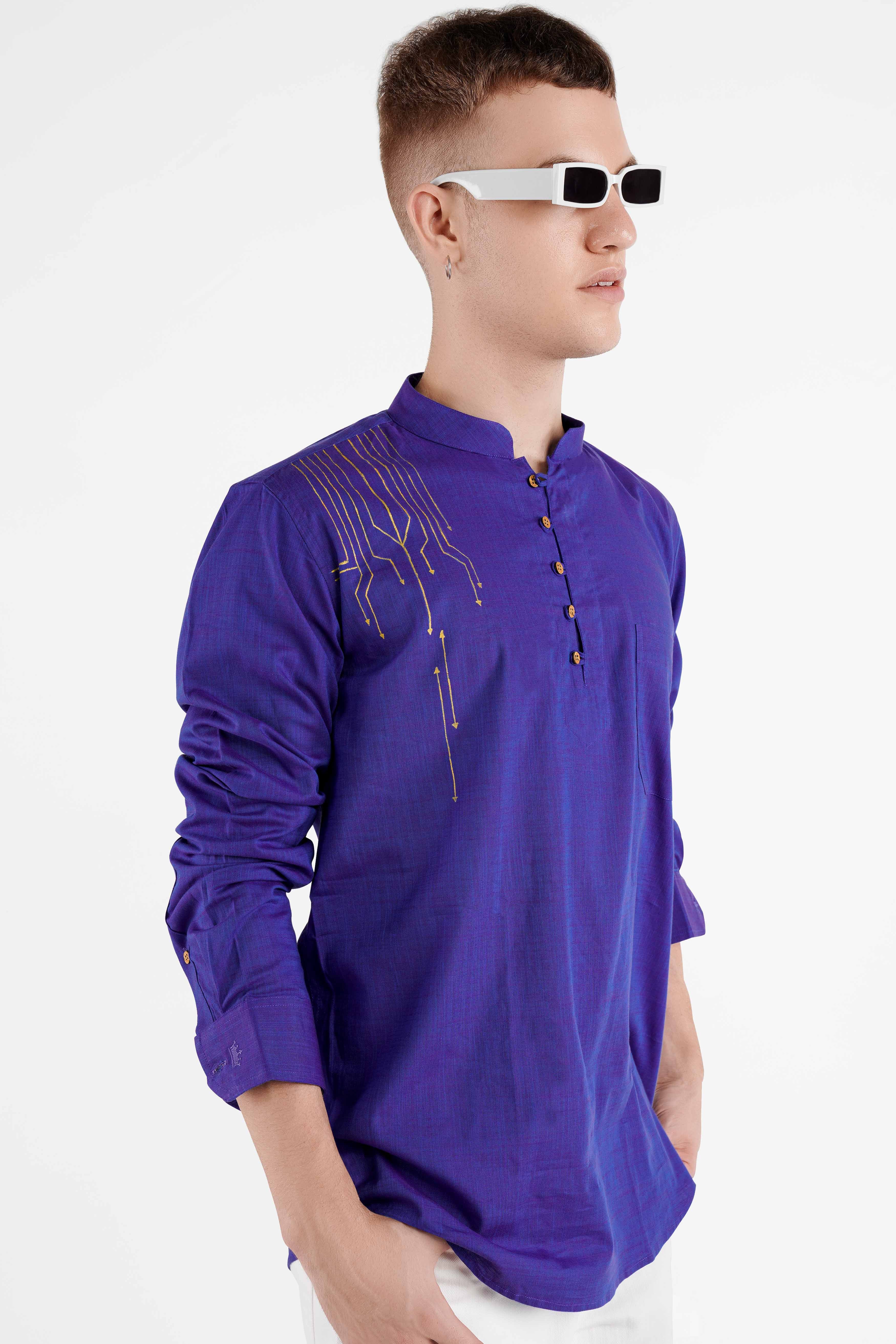 Daisly Blue Bush Hand Painted Luxurious Linen Kurta Designer Shirt
