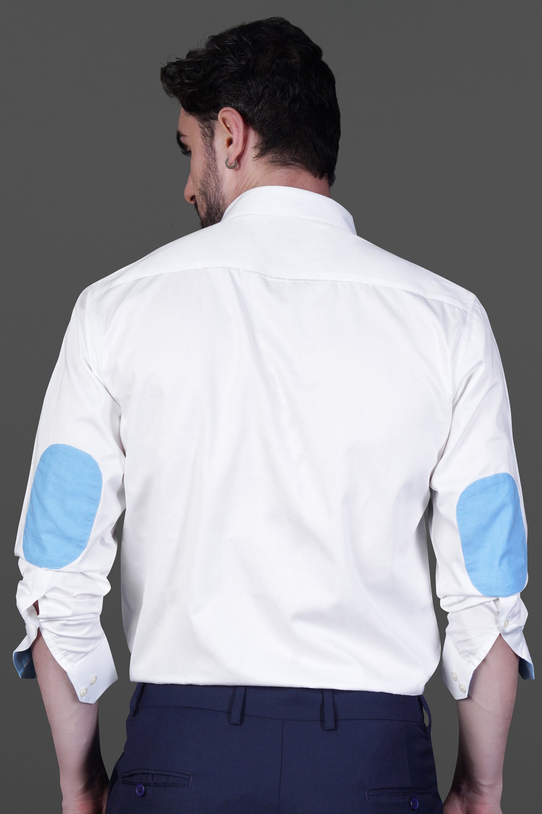 Bright White with Blue Subtle Sheen Elbow Patch Premium Cotton Shirt