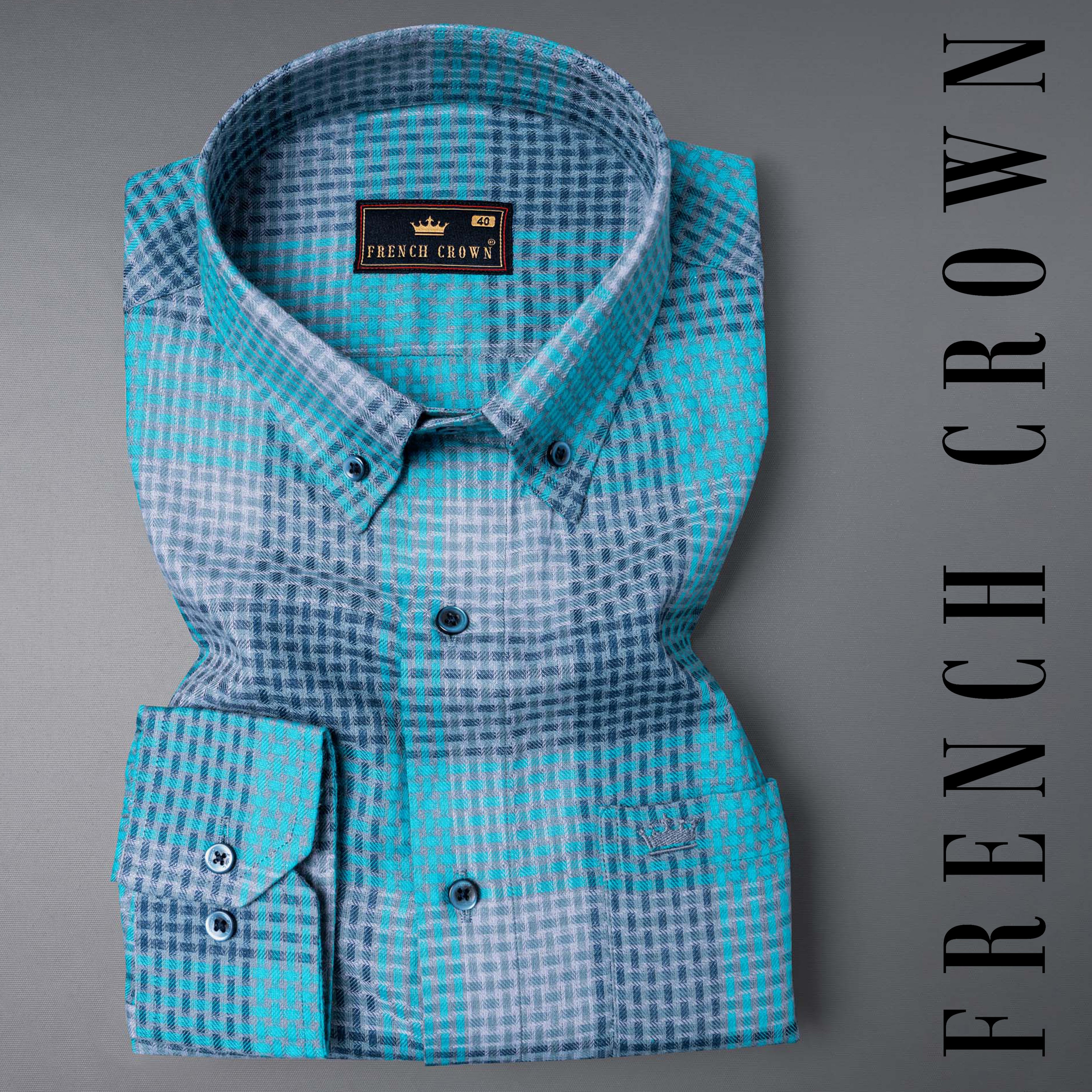 Bright Turquoise Blue and Dark Cerulean Twill Plaid Premium Cotton Shirt