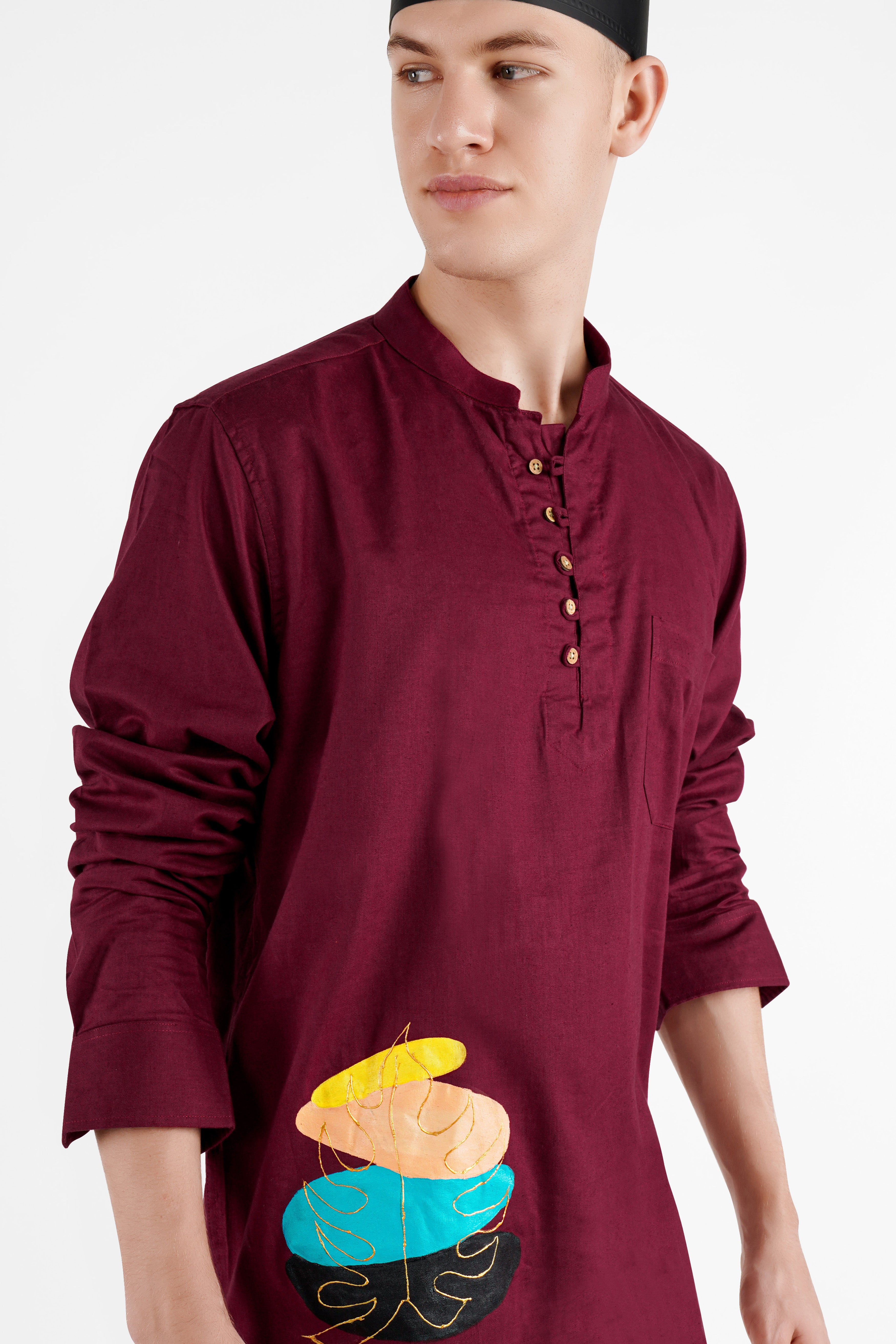 Mulberry Pink Hand Painted Luxurious Linen Designer Kurta Shirt