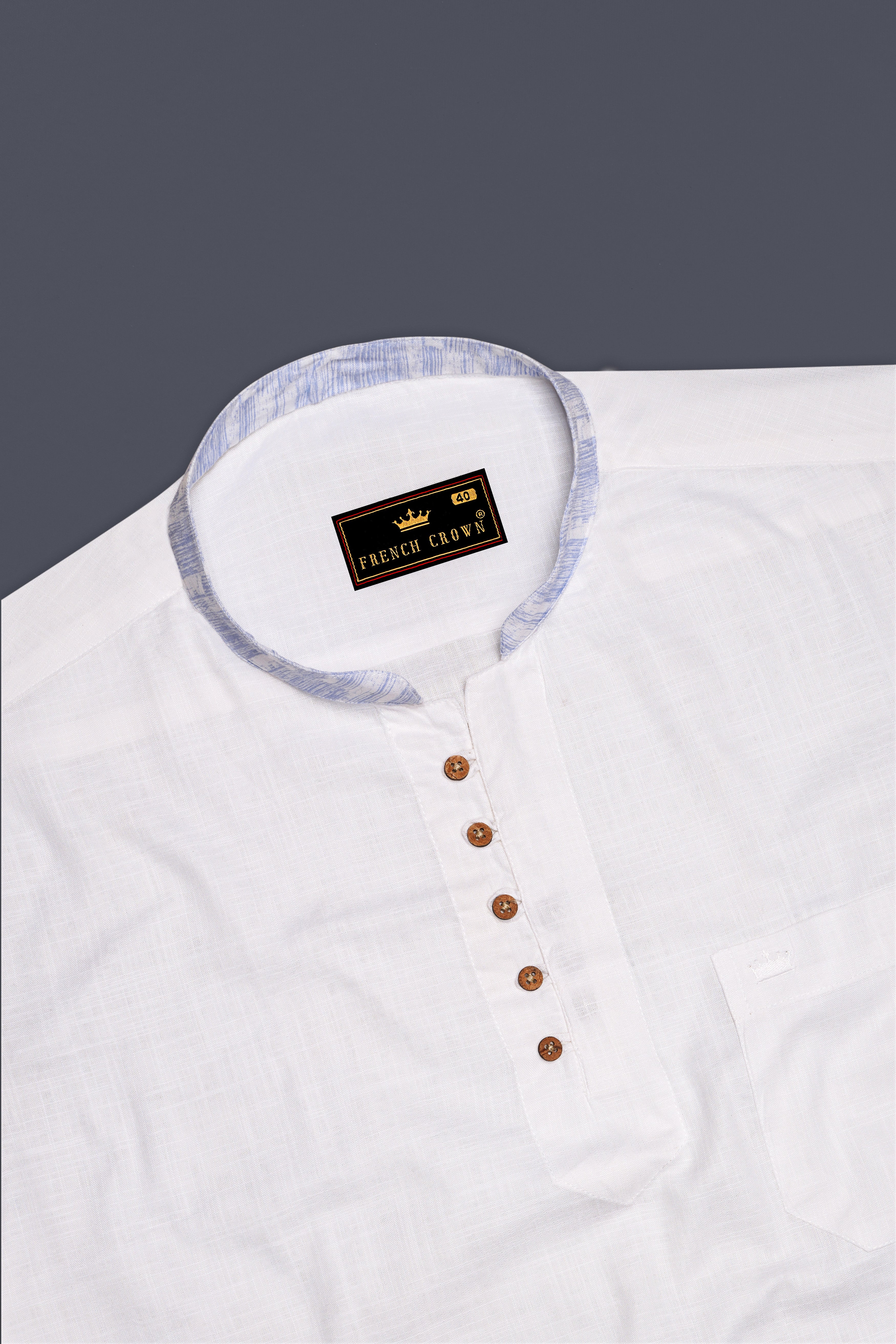 White with lilac cuff-collar Luxurious Linen Kurta Shirt