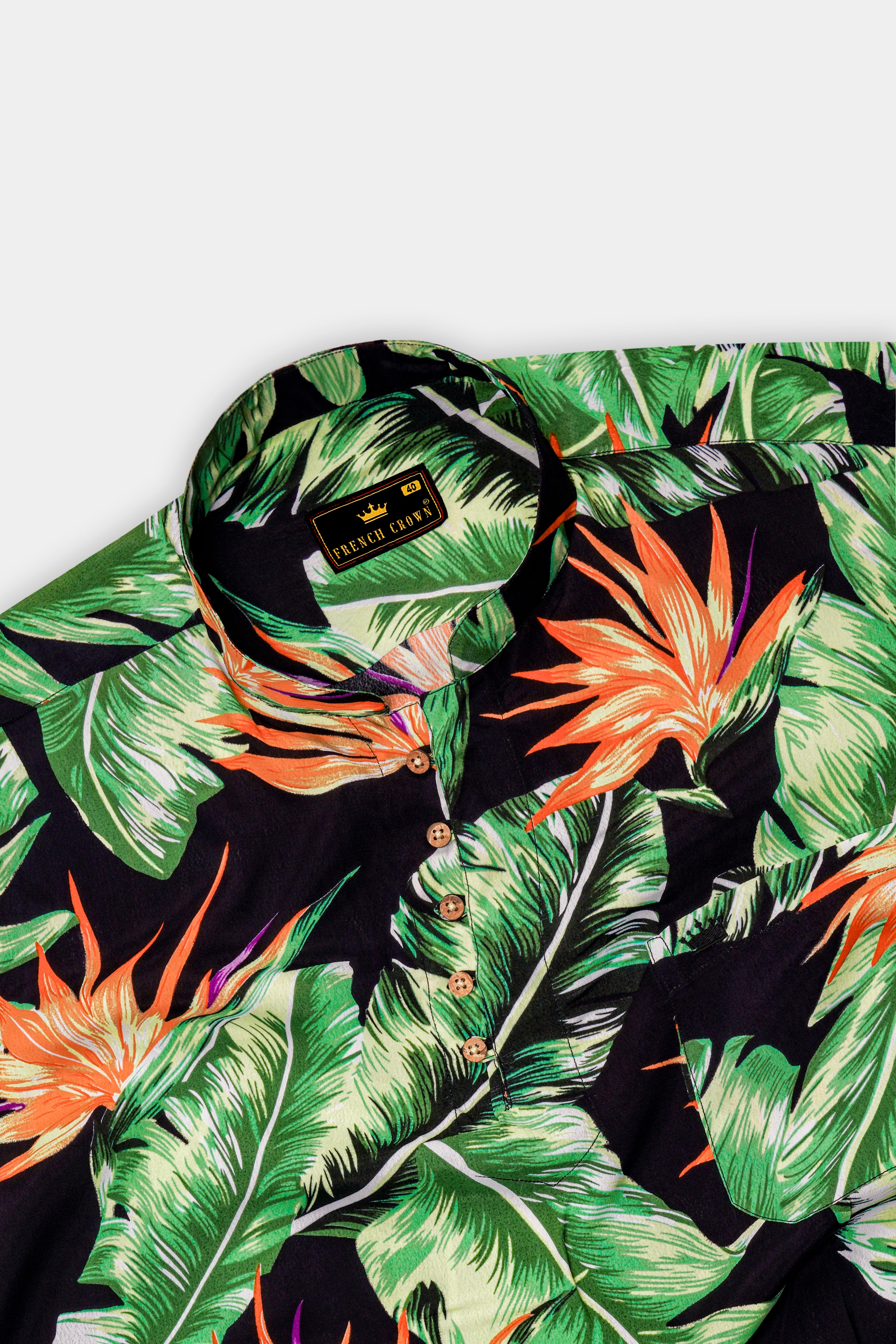 Jade Black Leaves Printed Premium Tencel Kurta Shirt