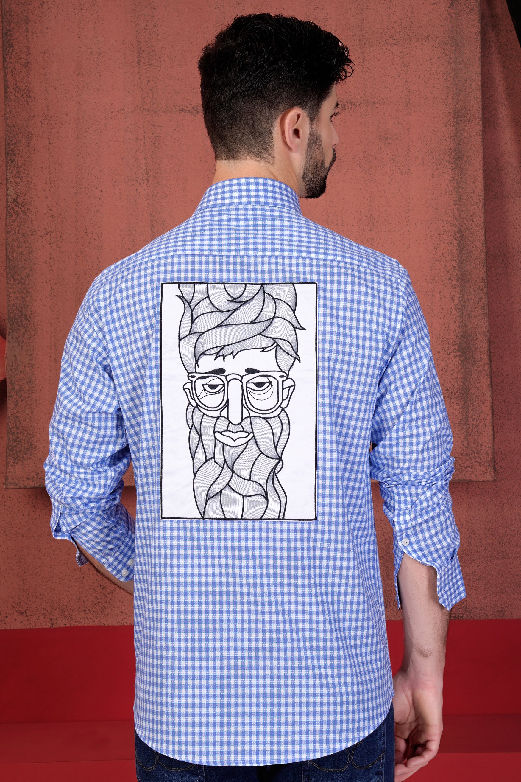 Tufts Blue and White Checkered with Bearded Man Patchwork Dobby Textured Premium Giza Cotton Designer Shirt