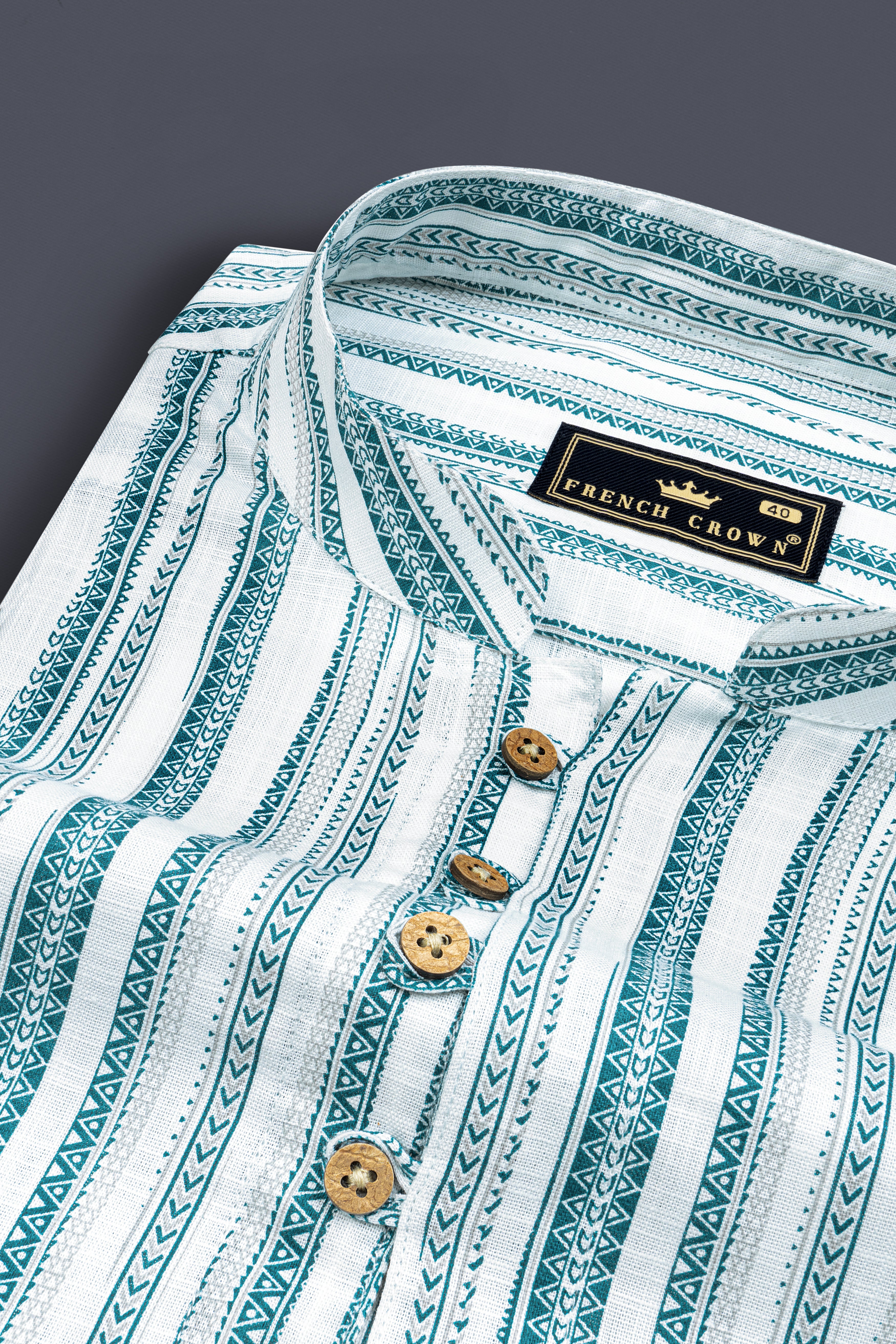 Bright White with green African art-inspired Stripes Luxurious Linen Kurta Shirt