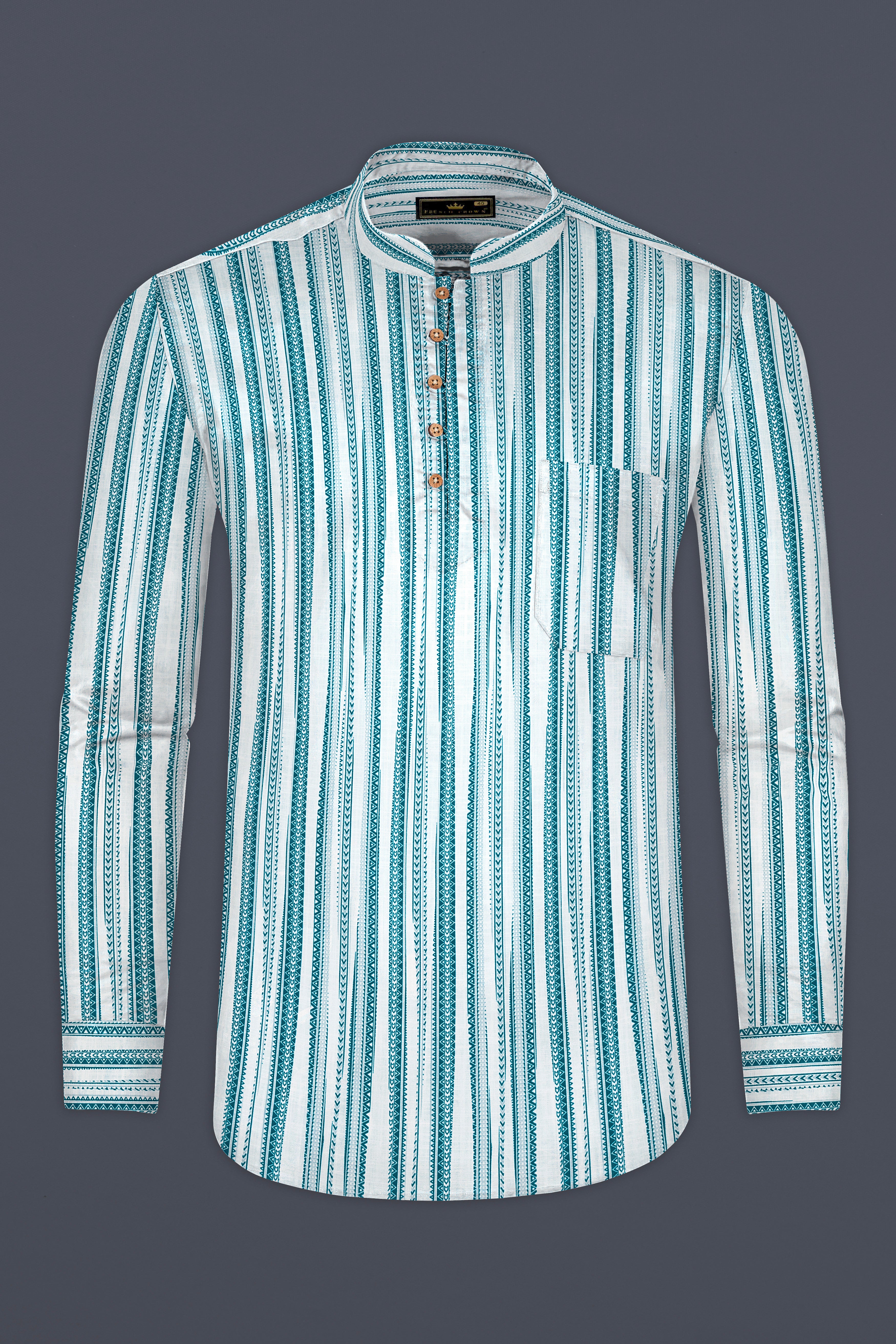 Bright White with green African art-inspired Stripes Luxurious Linen Kurta Shirt