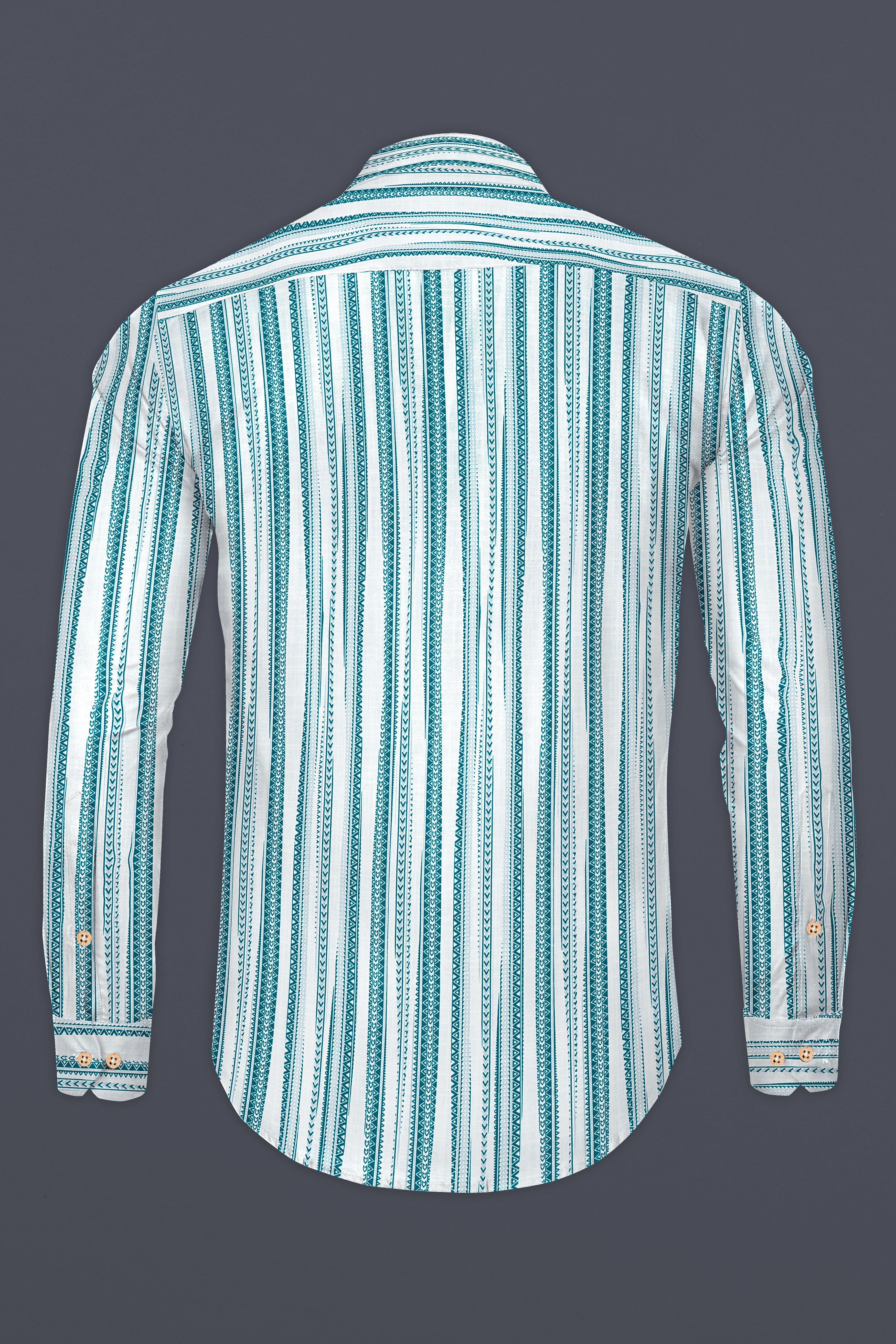 Bright White with green African art-inspired Stripes Luxurious Linen Kurta Shirt