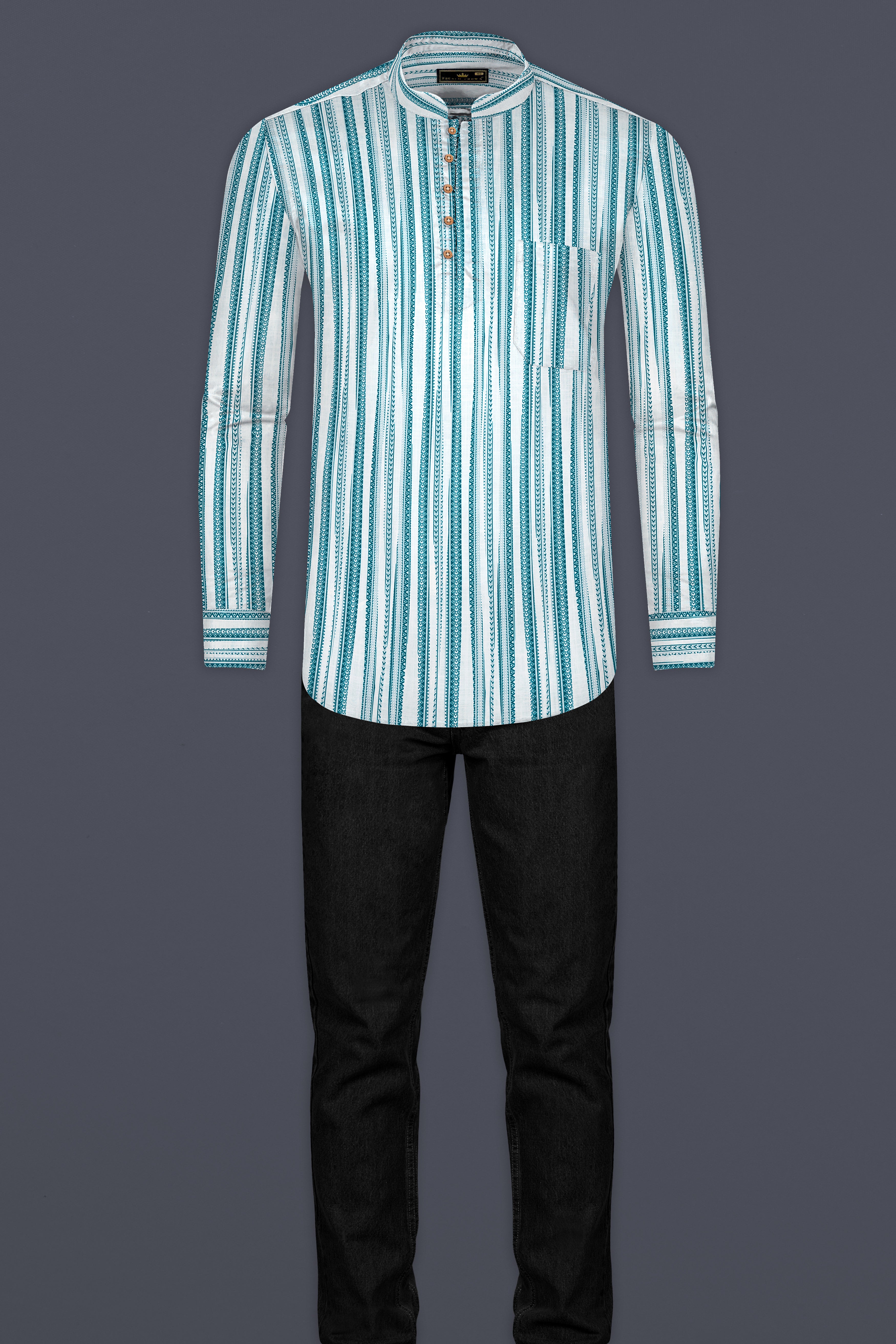 Bright White with green African art-inspired Stripes Luxurious Linen Kurta Shirt