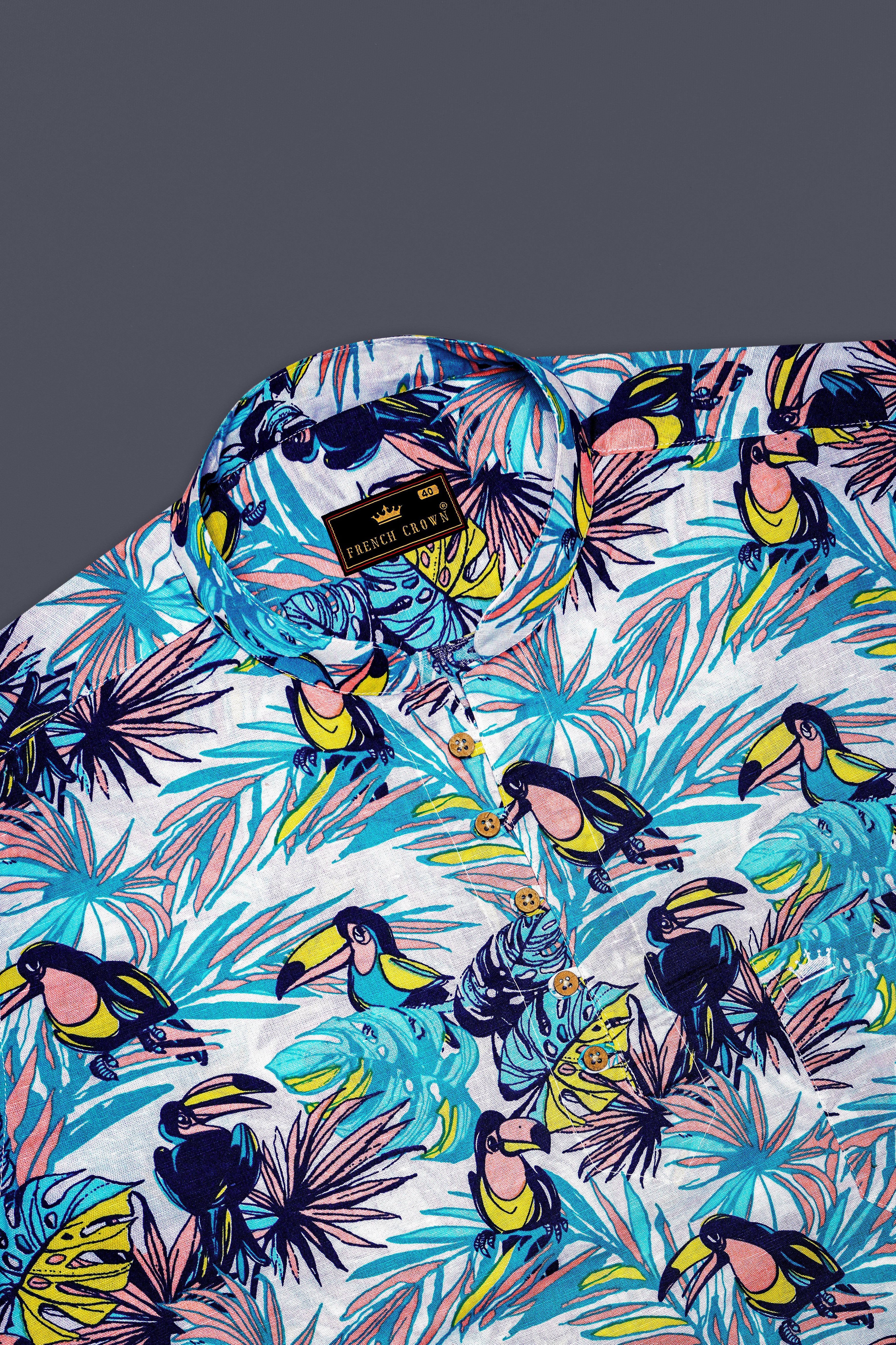 White with tonal blue Tropical Printed Luxurious Linen Kurta Shirt