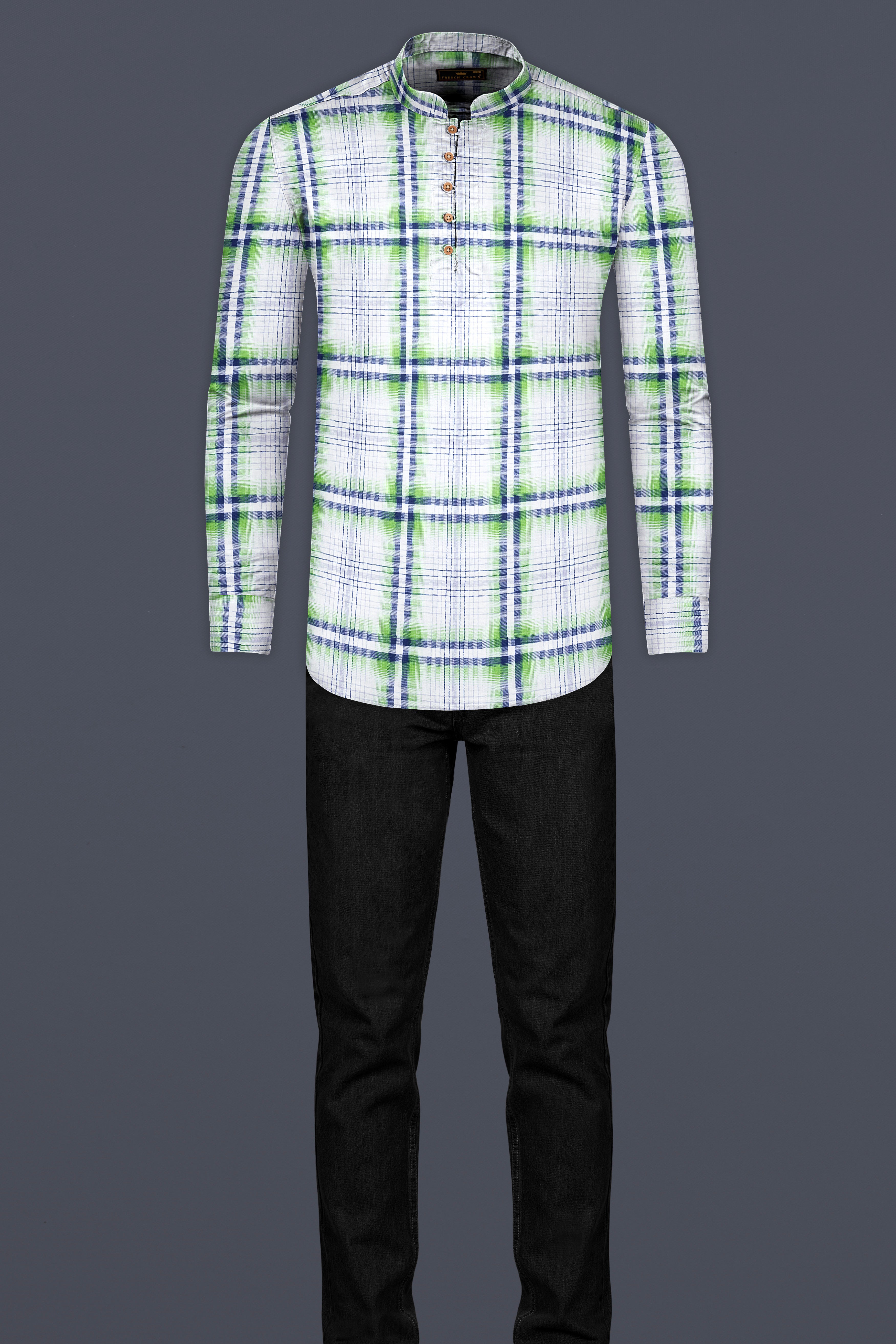 Bright White Twill Windowpane Premium Cotton Kurta Shirt