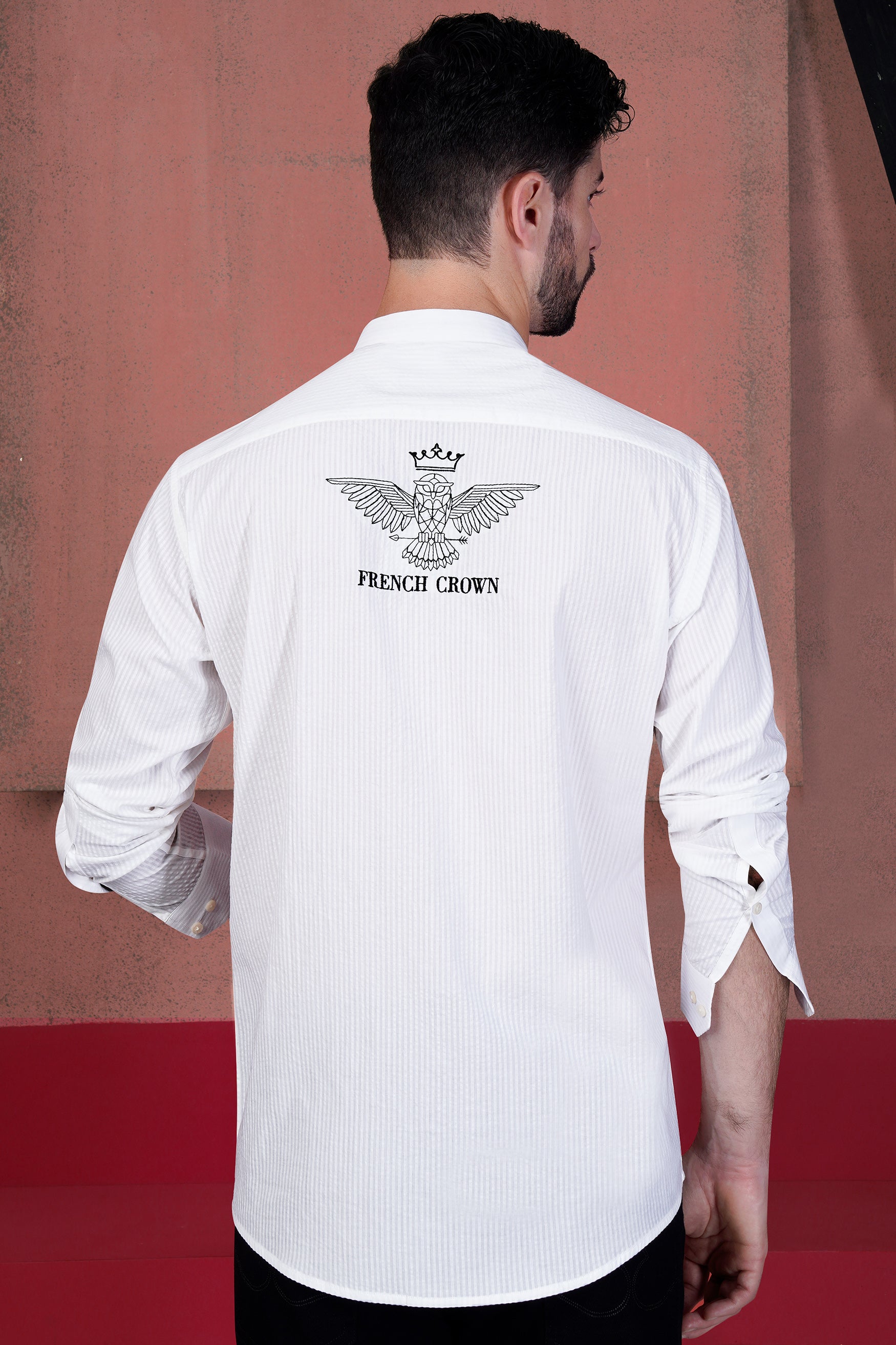 Bright White Striped with Owl Embroidered Seersucker Designer Shirt