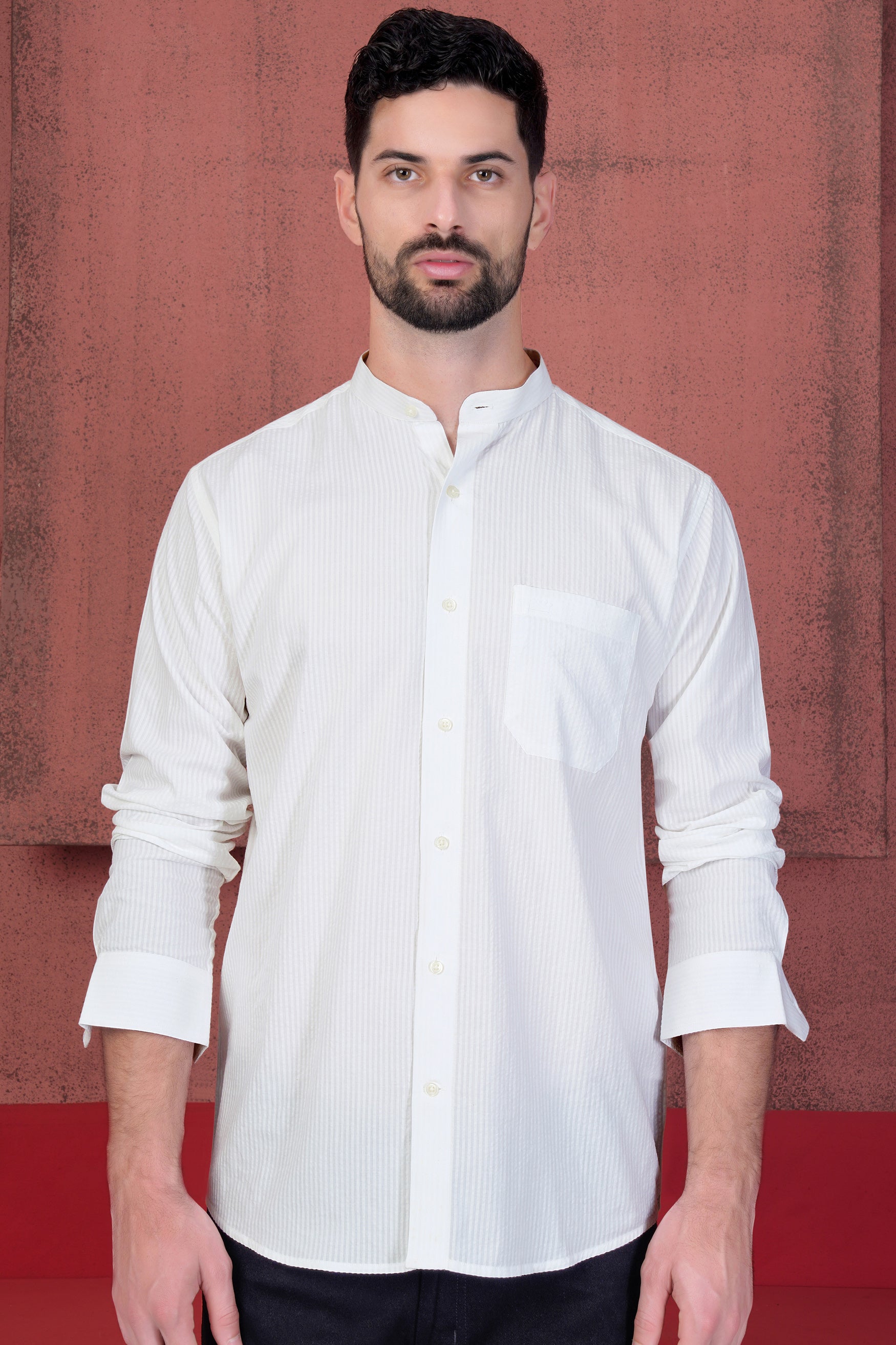 Bright White Striped with Owl Embroidered Seersucker Designer Shirt