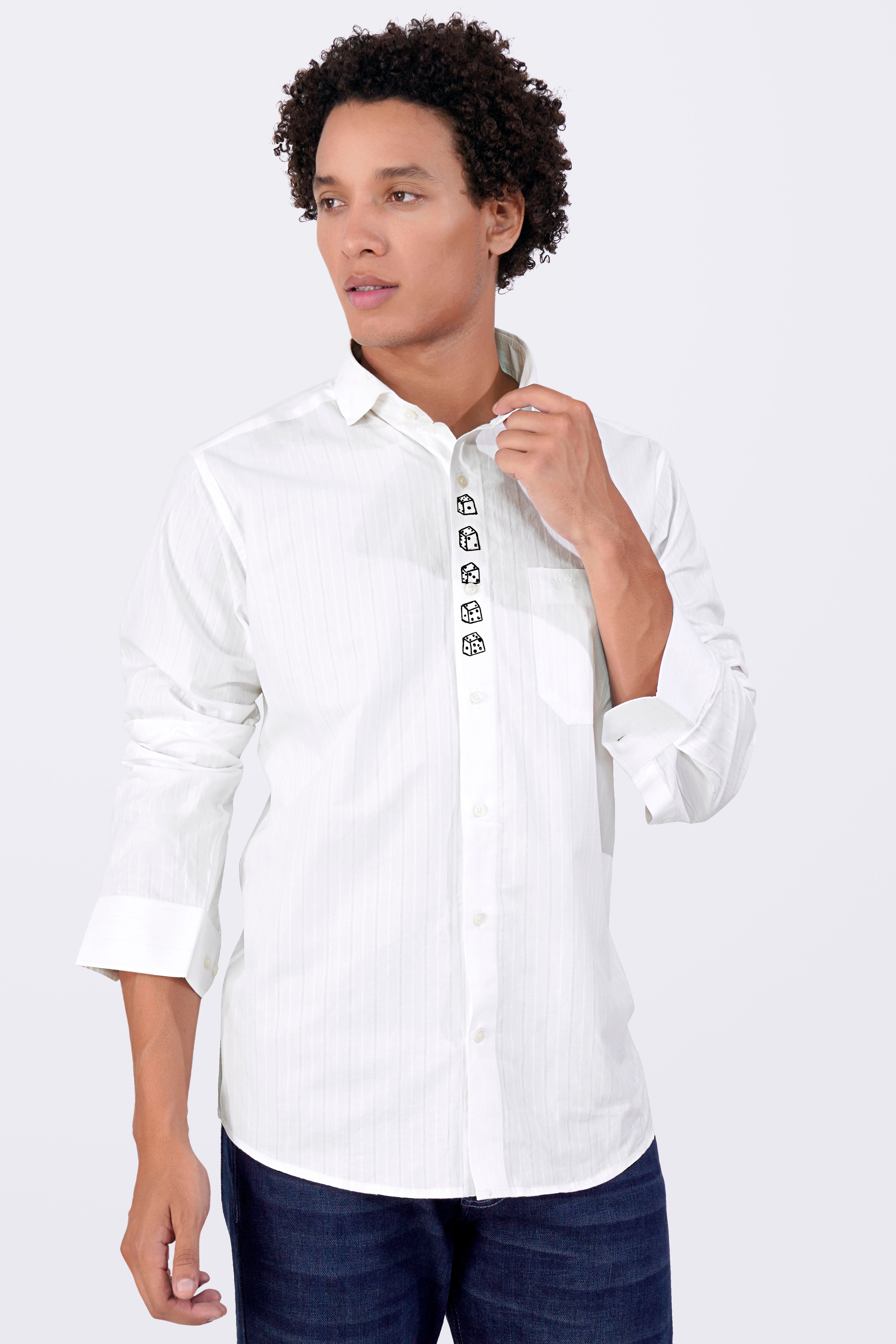 Bright White Striped with Dices Hand Painted Dobby Premium Giza Cotton Designer Shirt 6163-CA-ART-38, 6163-CA-ART-H-38, 6163-CA-ART-39, 6163-CA-ART-H-39, 6163-CA-ART-40, 6163-CA-ART-H-40, 6163-CA-ART-42, 6163-CA-ART-H-42, 6163-CA-ART-44, 6163-CA-ART-H-44, 6163-CA-ART-46, 6163-CA-ART-H-46, 6163-CA-ART-48, 6163-CA-ART-H-48, 6163-CA-ART-50, 6163-CA-ART-H-50, 6163-CA-ART-52, 6163-CA-ART-H-52
