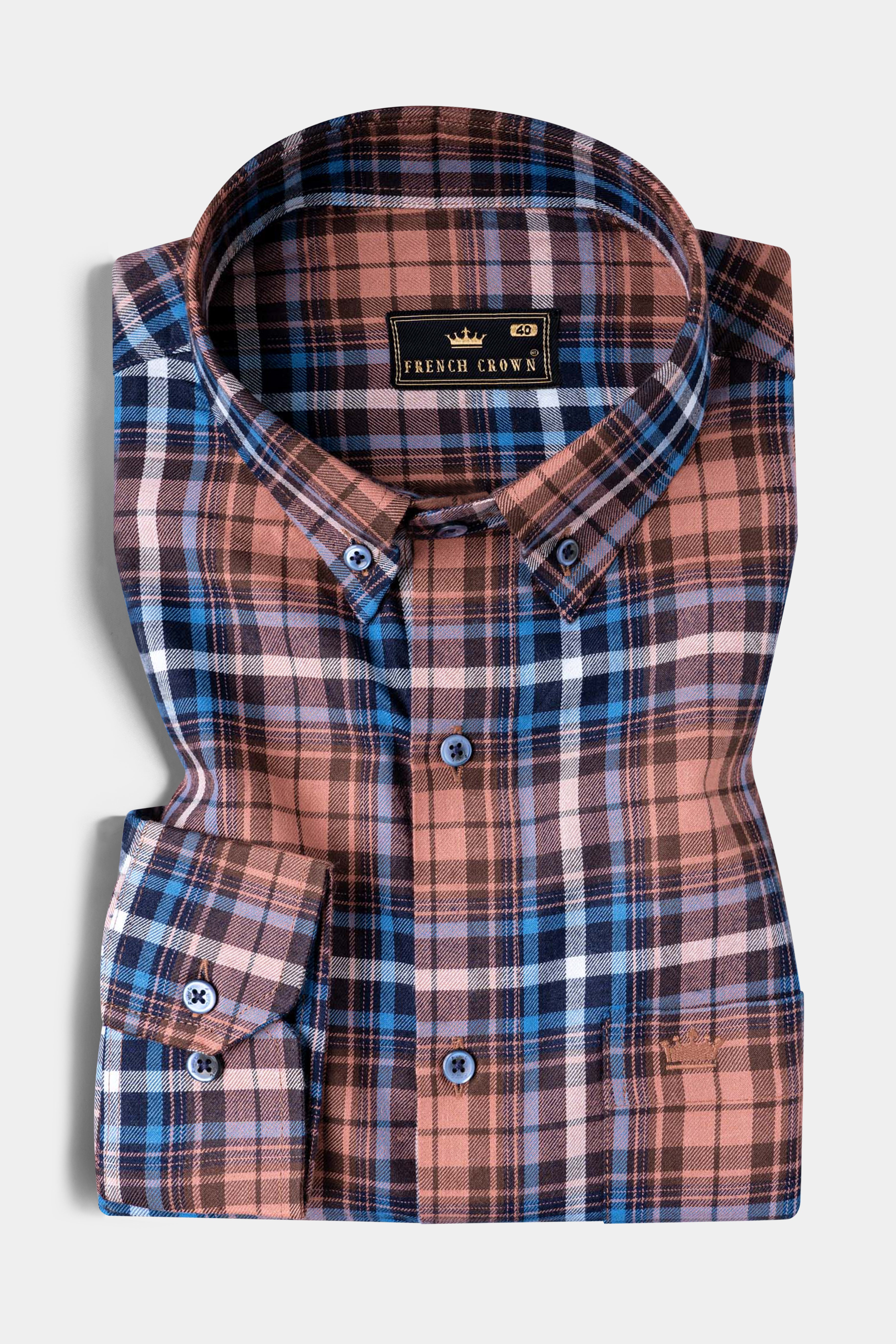 Brown with Danube Blue Twill Plaid Premium Cotton Shirt