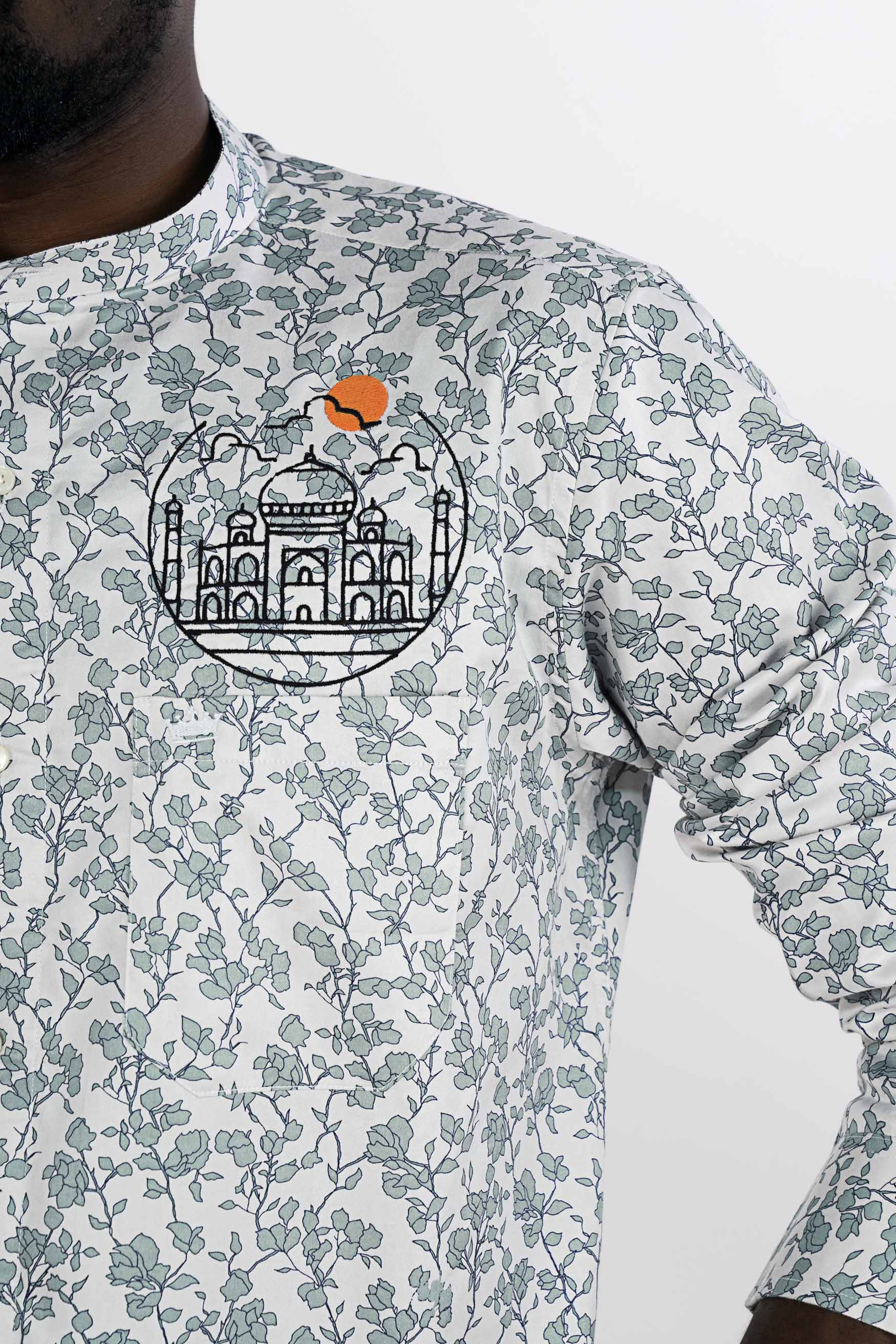 Gainsboro Gray and Tiara Green Leaves Printed with Taj Mahal Embroidered Super Soft Premium Cotton Designer Shirt 6195-M-E184-38, 6195-M-E184-H-38, 6195-M-E184-39, 6195-M-E184-H-39, 6195-M-E184-40, 6195-M-E184-H-40, 6195-M-E184-42, 6195-M-E184-H-42, 6195-M-E184-44, 6195-M-E184-H-44, 6195-M-E184-46, 6195-M-E184-H-46, 6195-M-E184-48, 6195-M-E184-H-48, 6195-M-E184-50, 6195-M-E184-H-50, 6195-M-E184-52, 6195-M-E184-H-52