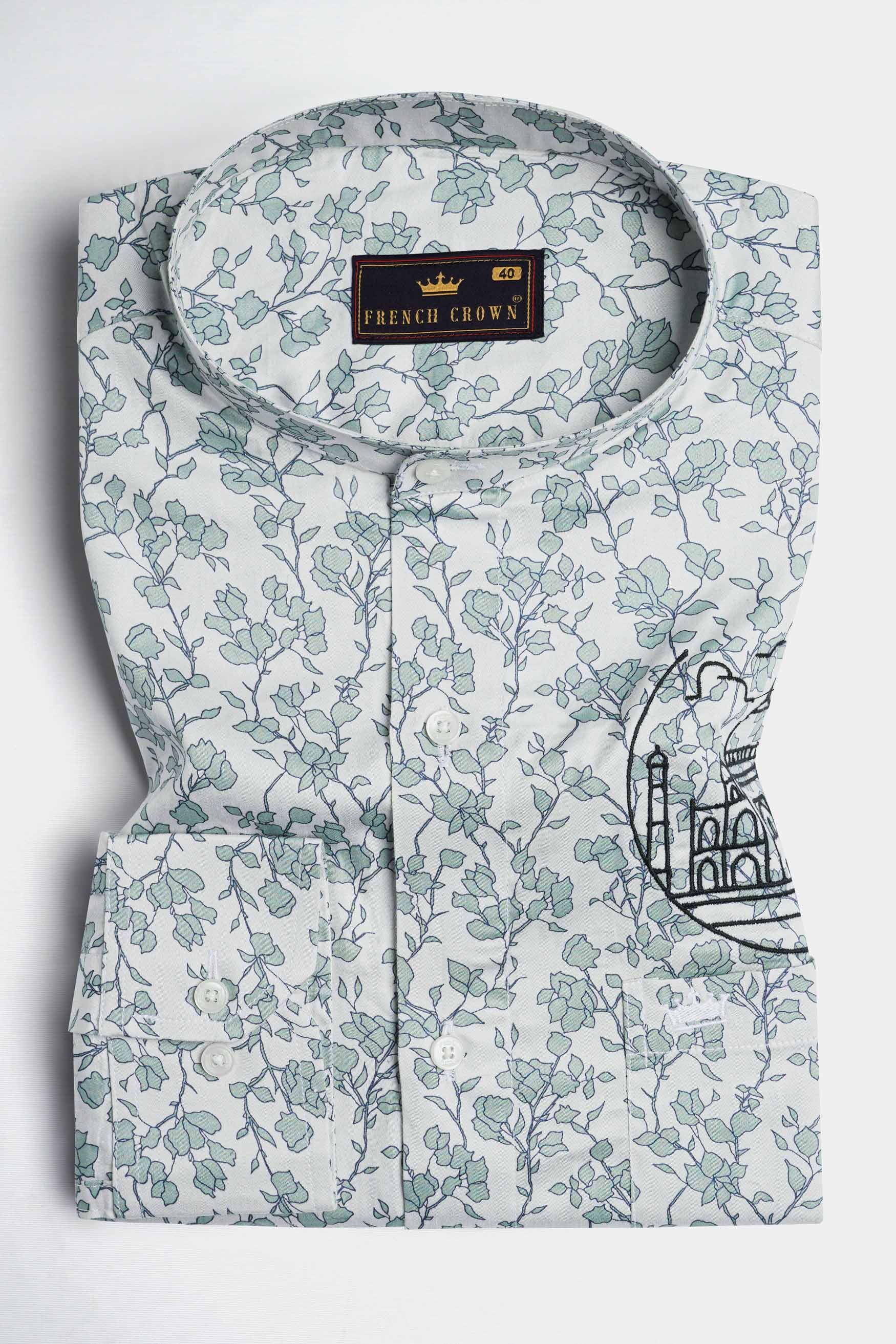 Gainsboro Gray and Tiara Green Leaves Printed with Taj Mahal Embroidered Super Soft Premium Cotton Designer Shirt 6195-M-E184-38, 6195-M-E184-H-38, 6195-M-E184-39, 6195-M-E184-H-39, 6195-M-E184-40, 6195-M-E184-H-40, 6195-M-E184-42, 6195-M-E184-H-42, 6195-M-E184-44, 6195-M-E184-H-44, 6195-M-E184-46, 6195-M-E184-H-46, 6195-M-E184-48, 6195-M-E184-H-48, 6195-M-E184-50, 6195-M-E184-H-50, 6195-M-E184-52, 6195-M-E184-H-52