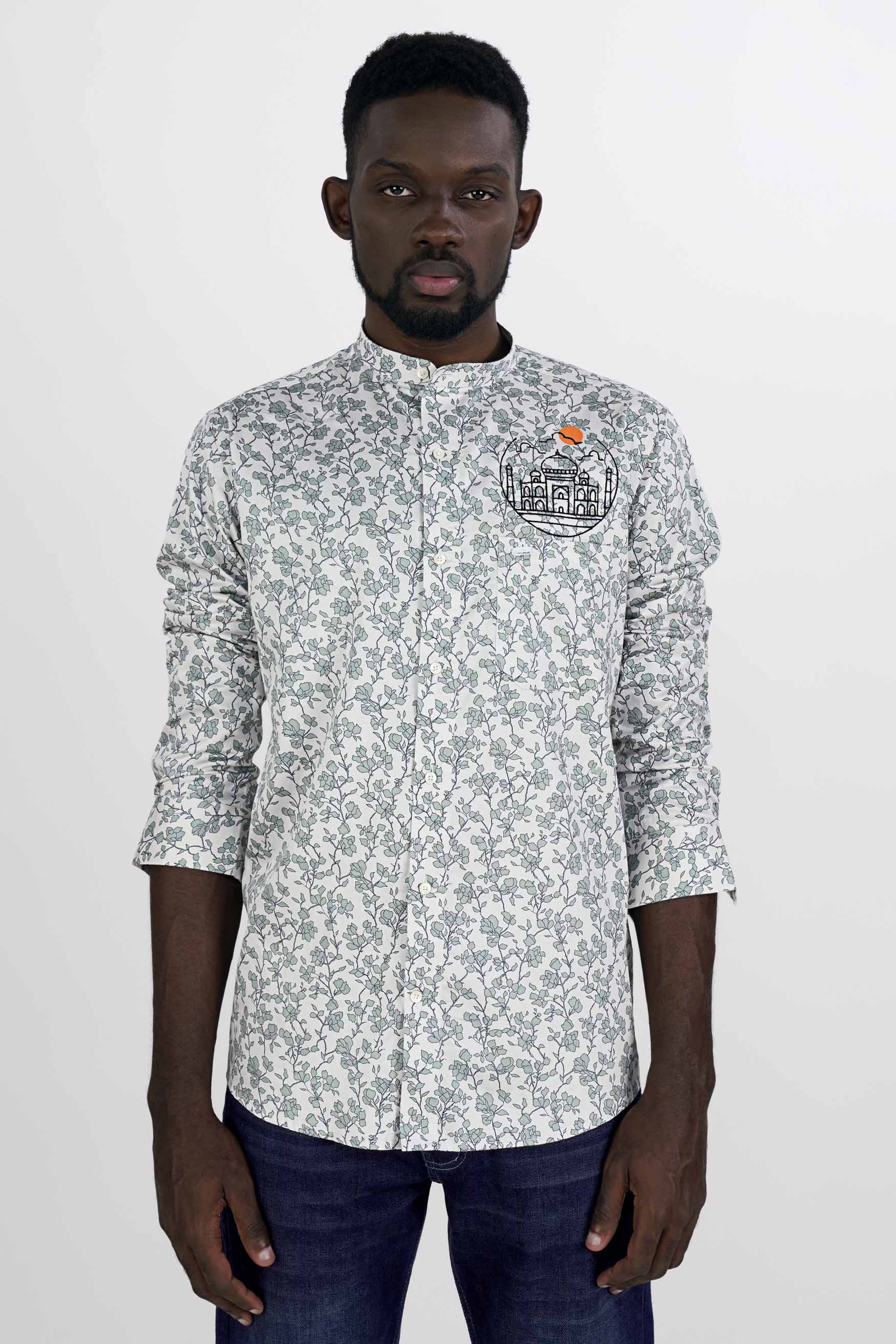 Gainsboro Gray and Tiara Green Leaves Printed with Taj Mahal Embroidered Super Soft Premium Cotton Designer Shirt 6195-M-E184-38, 6195-M-E184-H-38, 6195-M-E184-39, 6195-M-E184-H-39, 6195-M-E184-40, 6195-M-E184-H-40, 6195-M-E184-42, 6195-M-E184-H-42, 6195-M-E184-44, 6195-M-E184-H-44, 6195-M-E184-46, 6195-M-E184-H-46, 6195-M-E184-48, 6195-M-E184-H-48, 6195-M-E184-50, 6195-M-E184-H-50, 6195-M-E184-52, 6195-M-E184-H-52