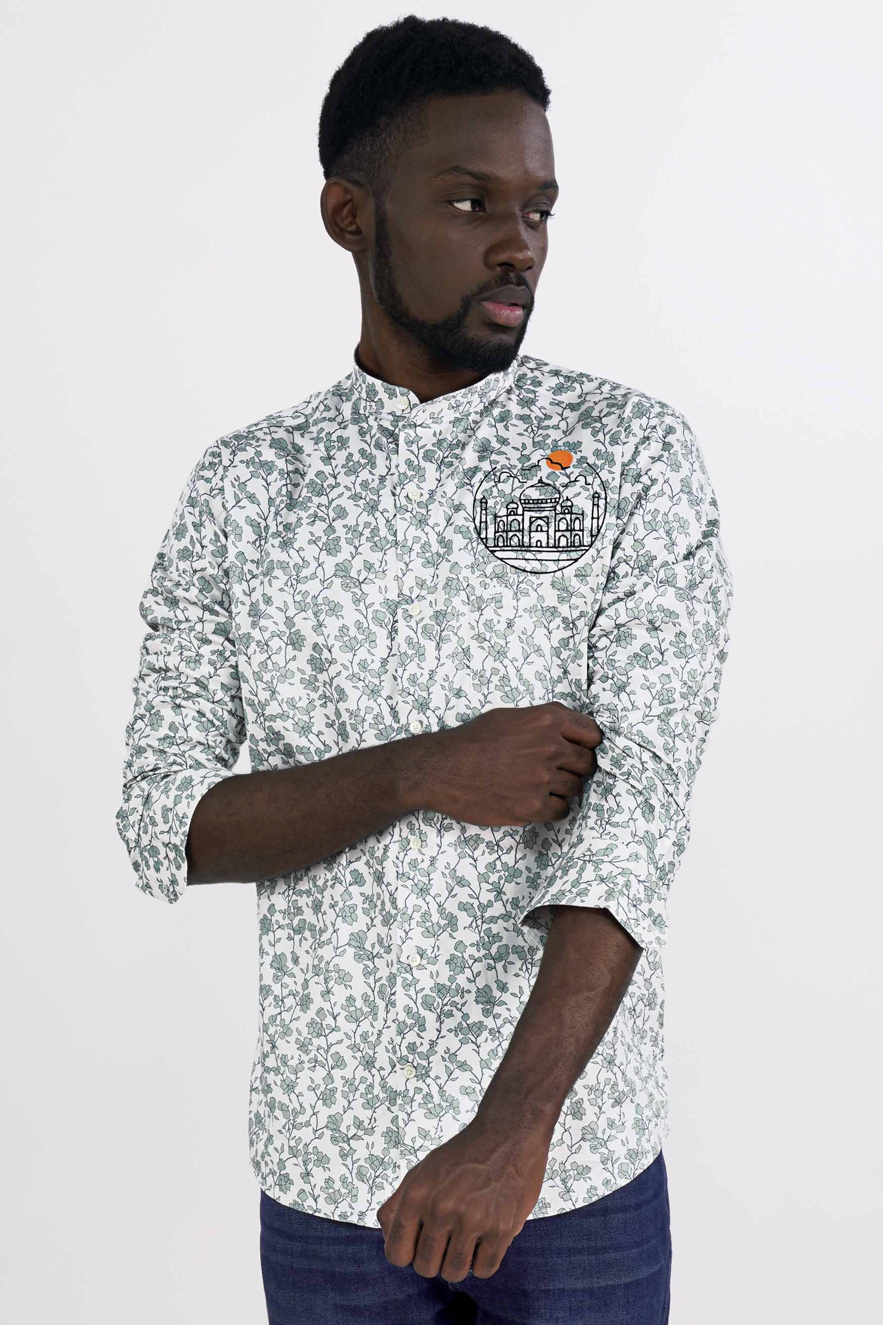 Gainsboro Gray and Tiara Green Leaves Printed with Taj Mahal Embroidered Super Soft Premium Cotton Designer Shirt 6195-M-E184-38, 6195-M-E184-H-38, 6195-M-E184-39, 6195-M-E184-H-39, 6195-M-E184-40, 6195-M-E184-H-40, 6195-M-E184-42, 6195-M-E184-H-42, 6195-M-E184-44, 6195-M-E184-H-44, 6195-M-E184-46, 6195-M-E184-H-46, 6195-M-E184-48, 6195-M-E184-H-48, 6195-M-E184-50, 6195-M-E184-H-50, 6195-M-E184-52, 6195-M-E184-H-52