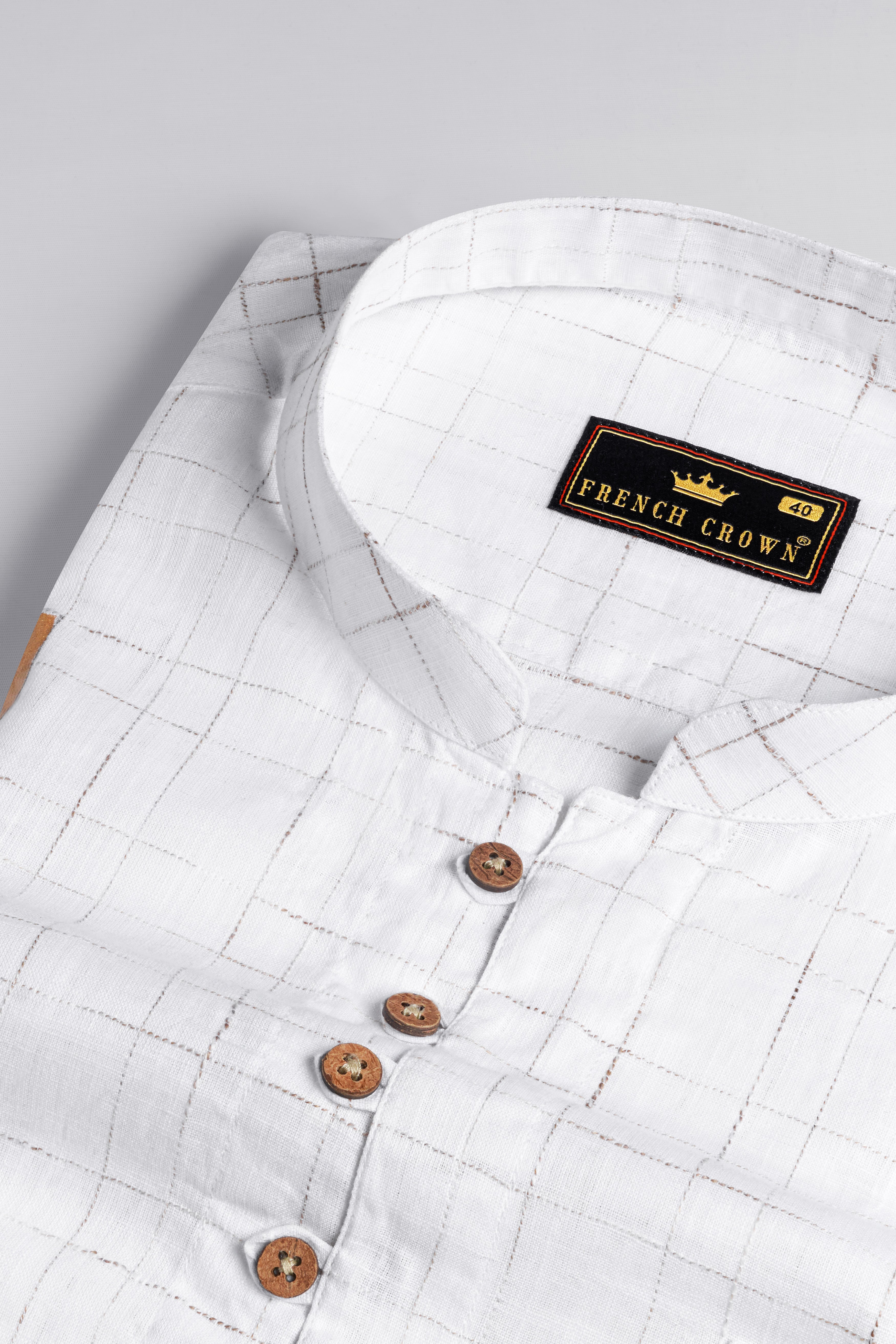 Bright White with Parchment Brown Hand Painted Luxurious Linen Designer Kurta Shirt