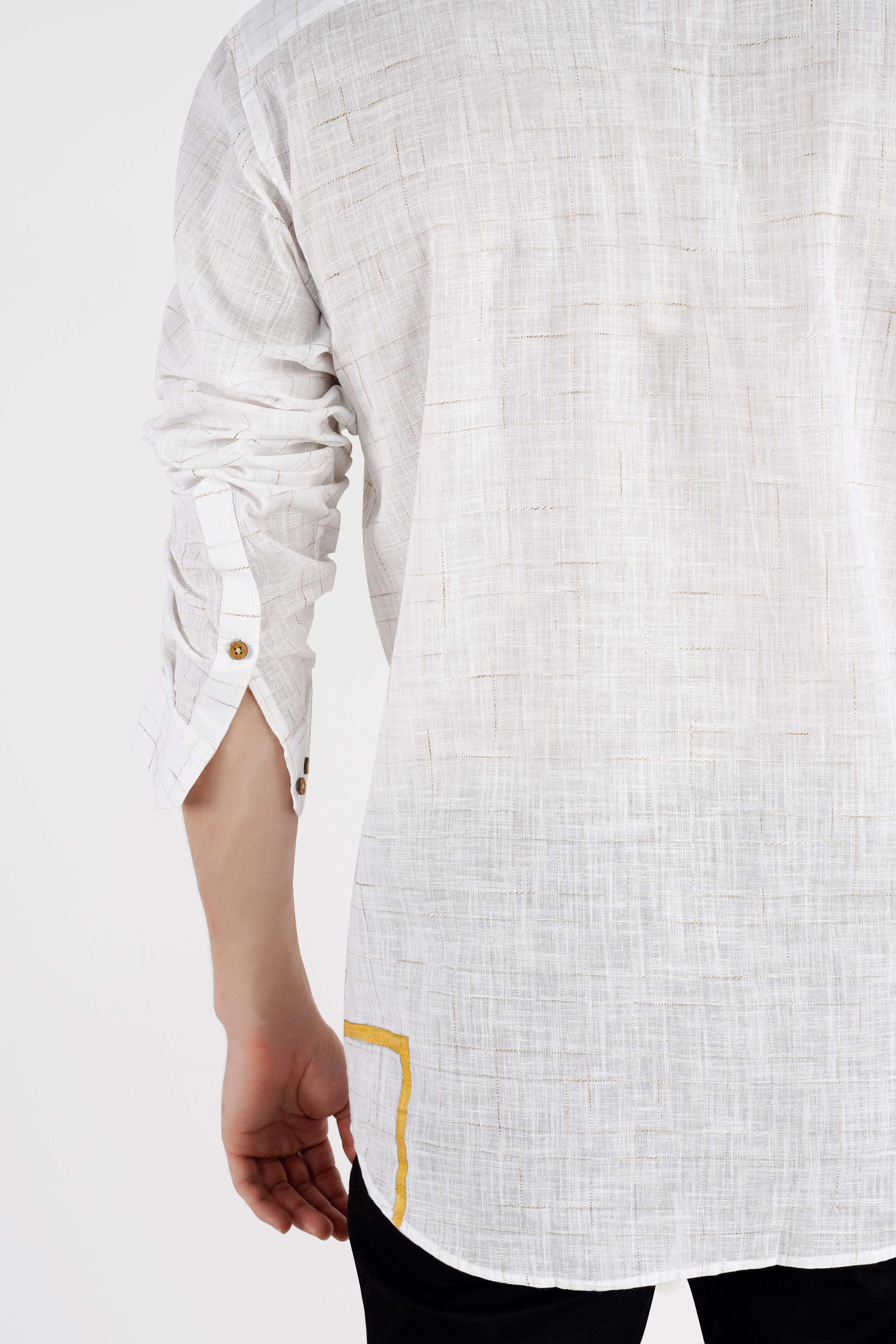 Bright White with Parchment Brown Hand Painted Luxurious Linen Designer Kurta Shirt