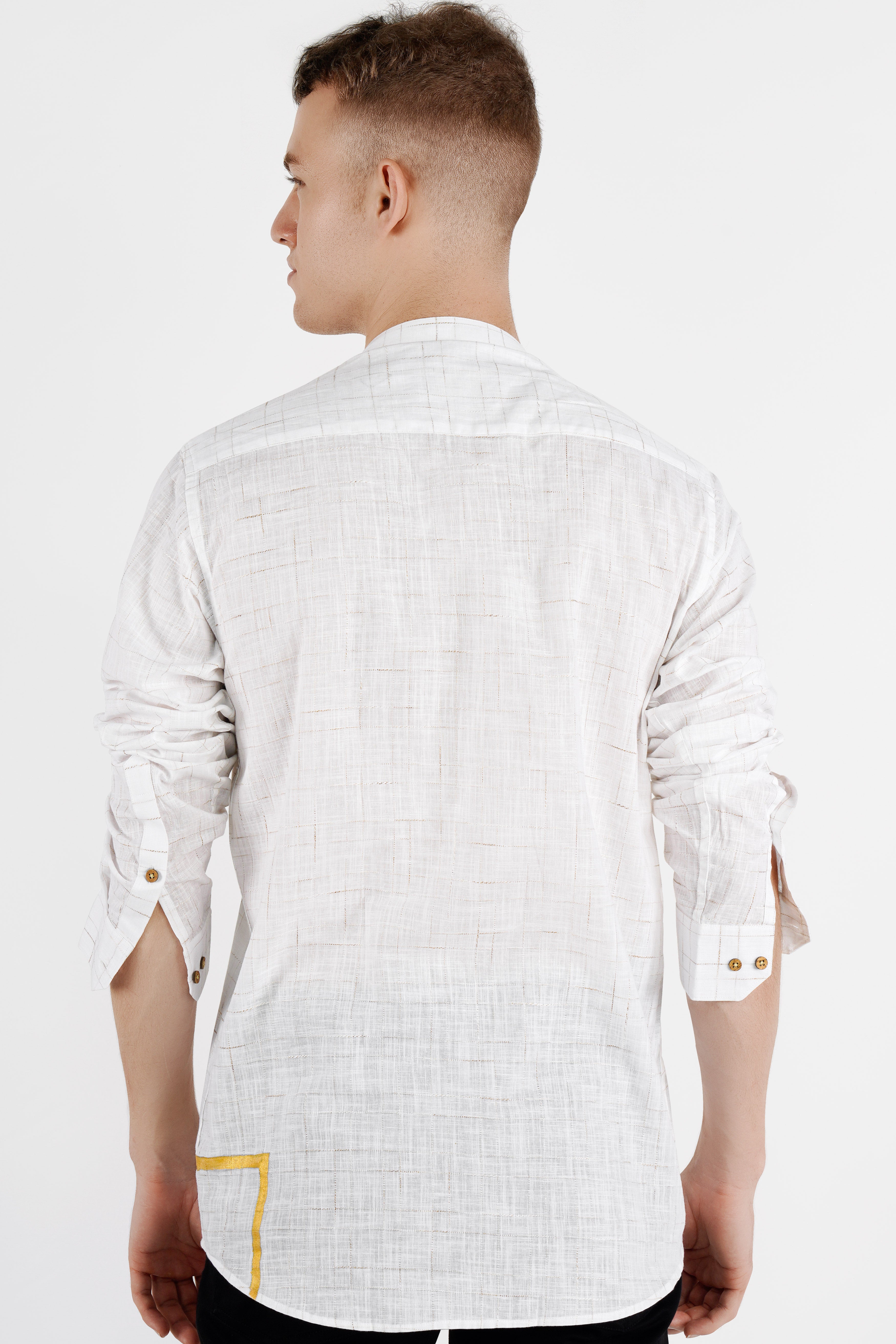 Bright White with Parchment Brown Hand Painted Luxurious Linen Designer Kurta Shirt