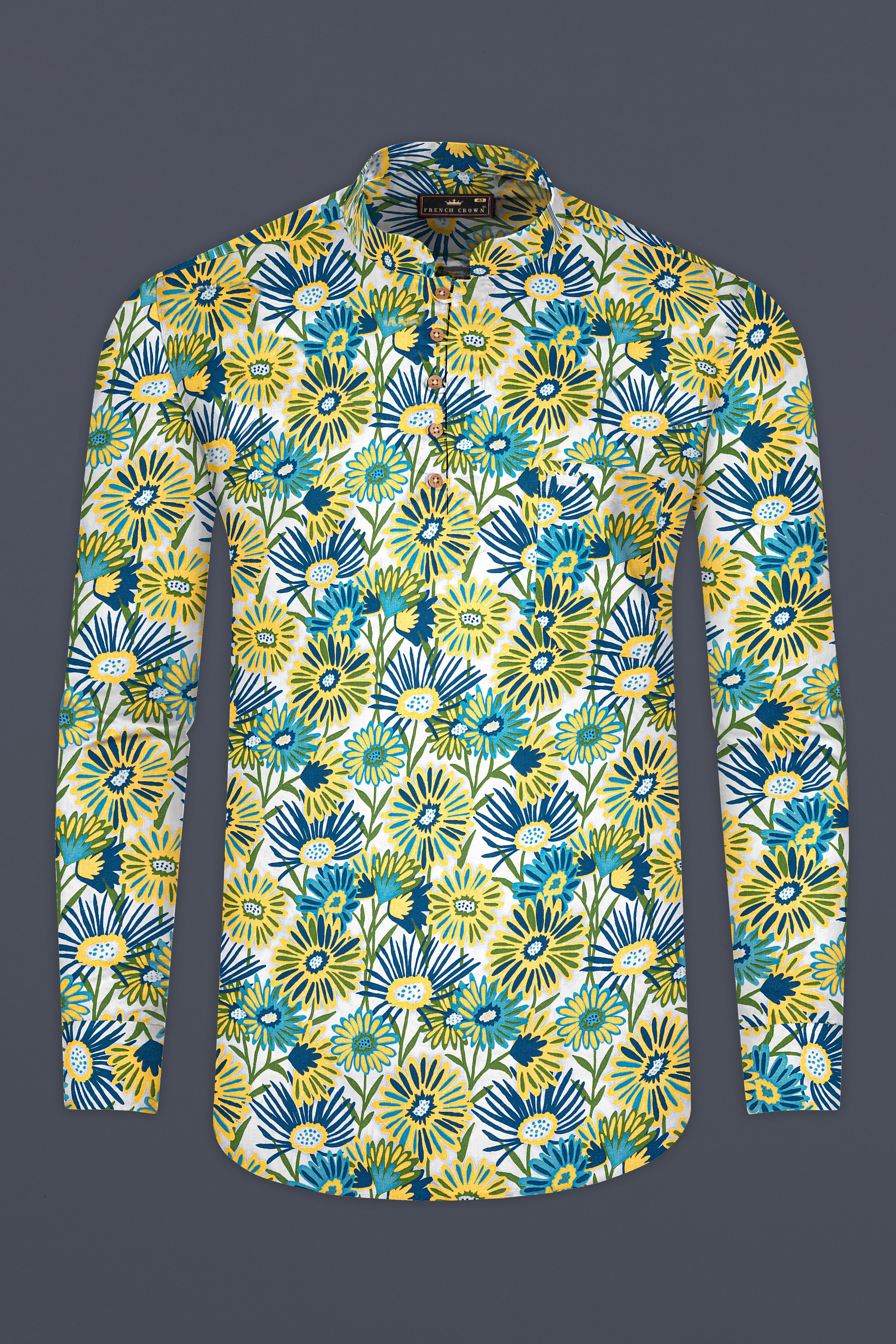 Bright Sun Yellow Tropical Printed Oxford Kurta Shirt