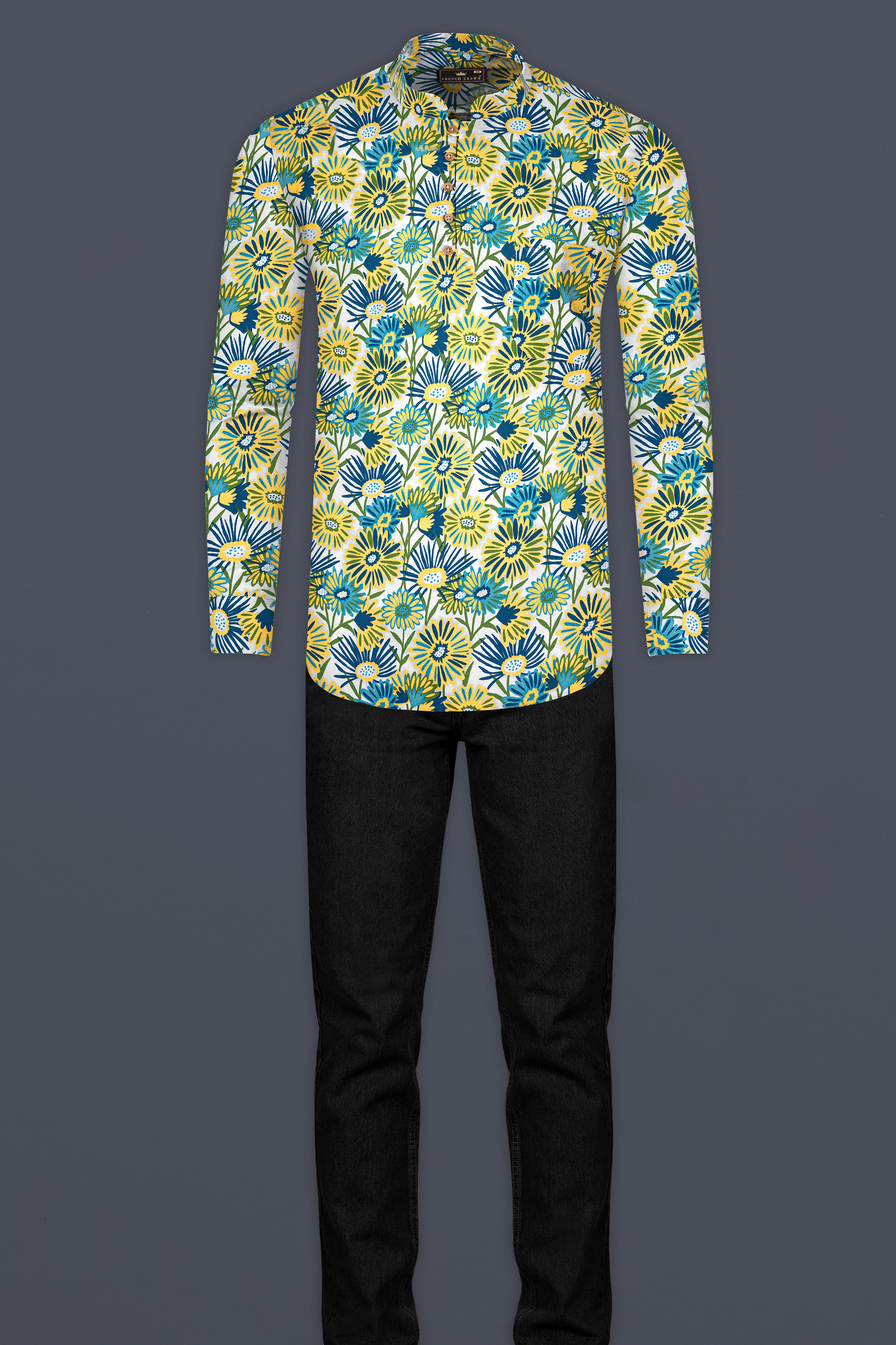 Bright Sun Yellow Tropical Printed Oxford Kurta Shirt
