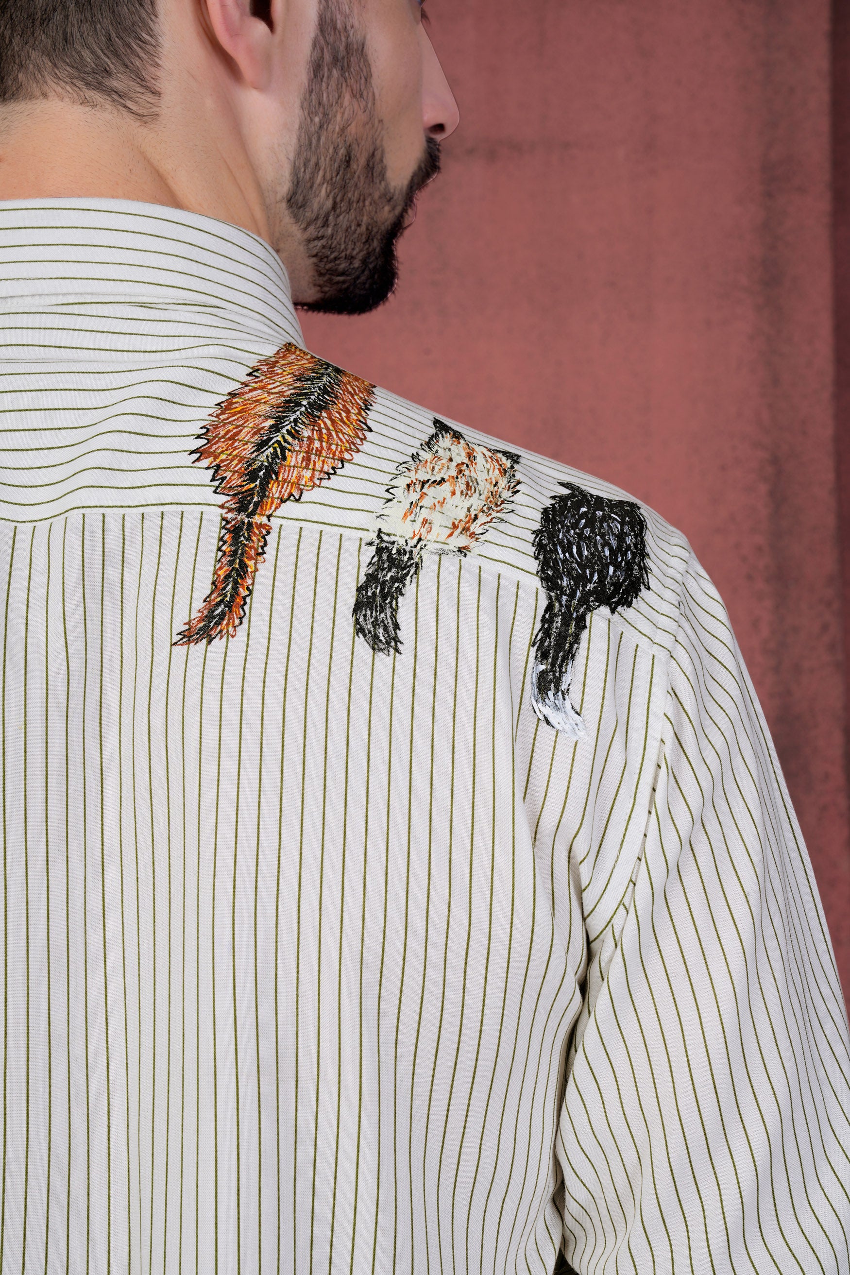 Mist Gray and Pesto Green Striped Cats Hand Painted Premium Tencel Designer Shirt