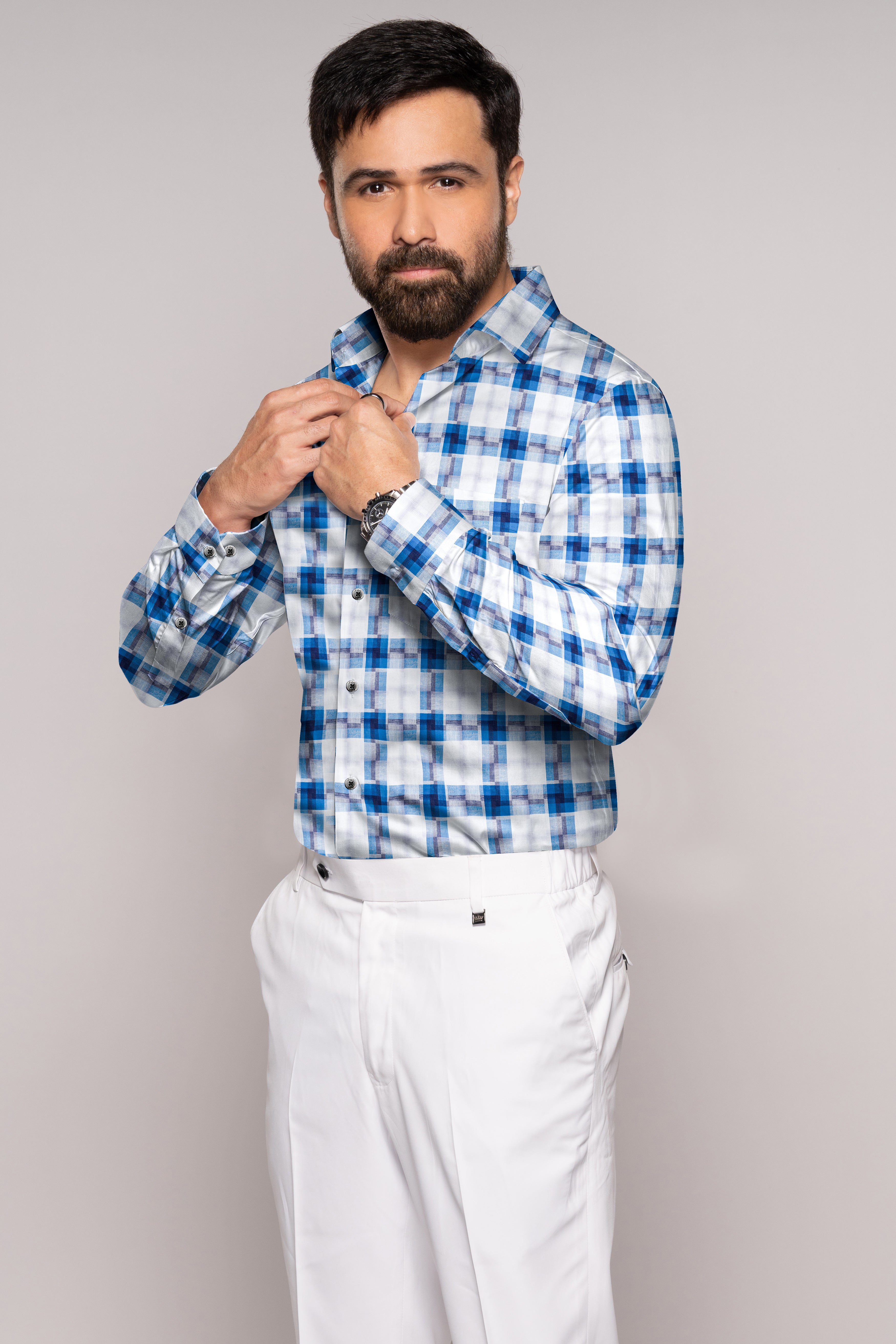 Bright white and Tory Blue Checkered Premium Cotton Shirt