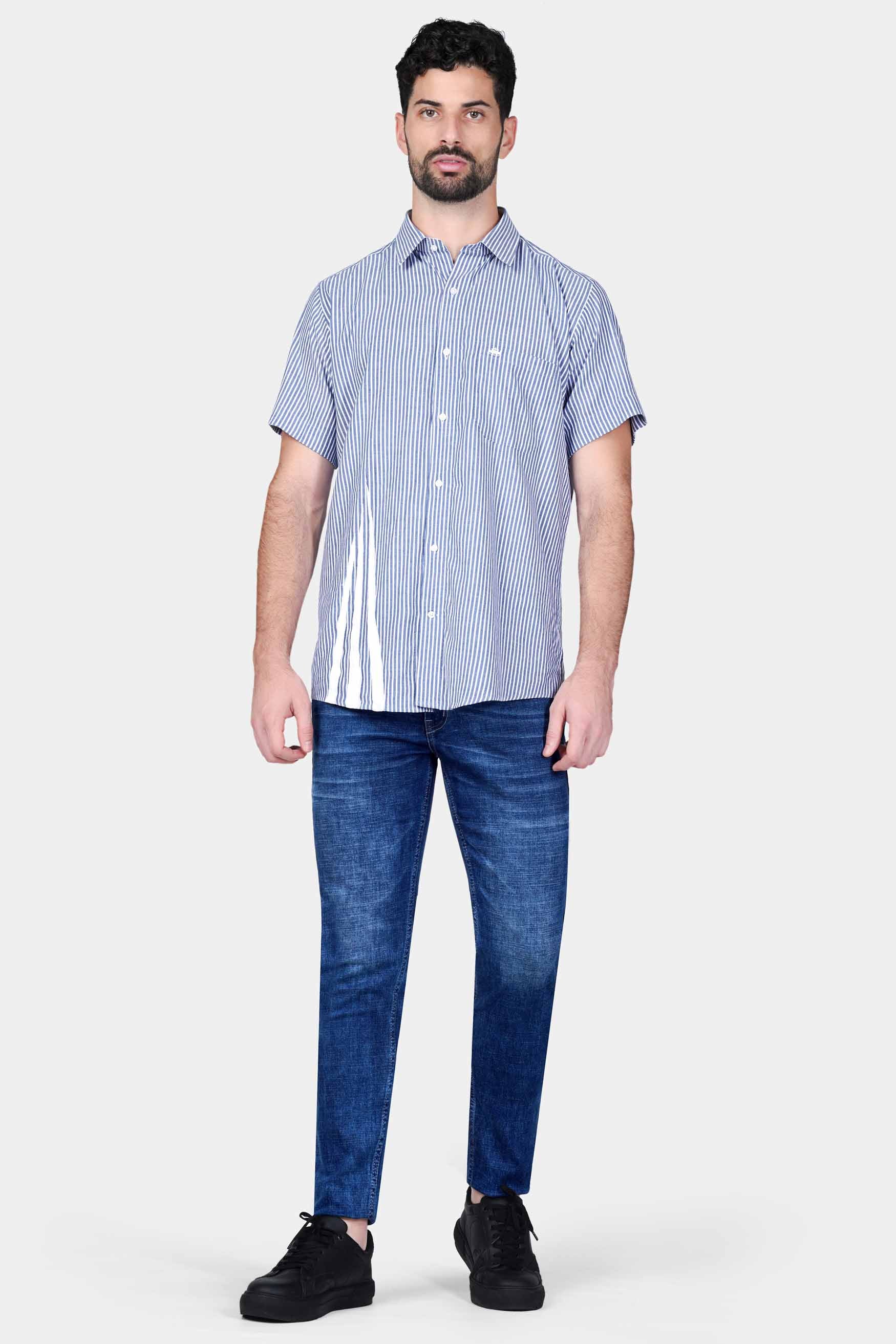 Yonder Blue Striped with White Hand Painted Royal Oxford Designer Shirt 6345-CP-SS-ART-38, 6345-CP-SS-ART-39, 6345-CP-SS-ART-40, 6345-CP-SS-ART-42, 6345-CP-SS-ART-44, 6345-CP-SS-ART-46, 6345-CP-SS-ART-48, 6345-CP-SS-ART-50, 6345-CP-SS-ART-52
